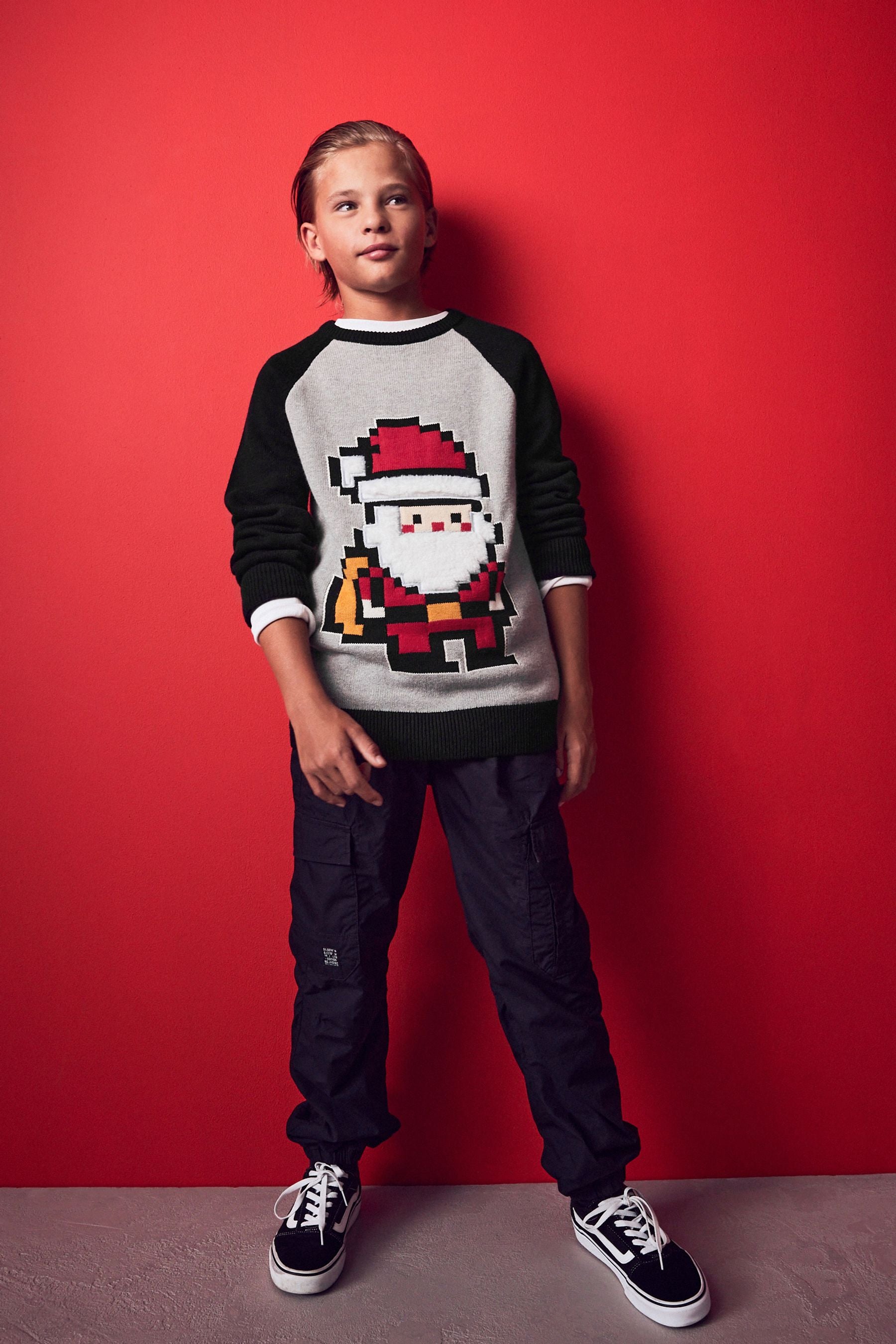 Grey Santa Knitted Christmas Jumper (3-16yrs)