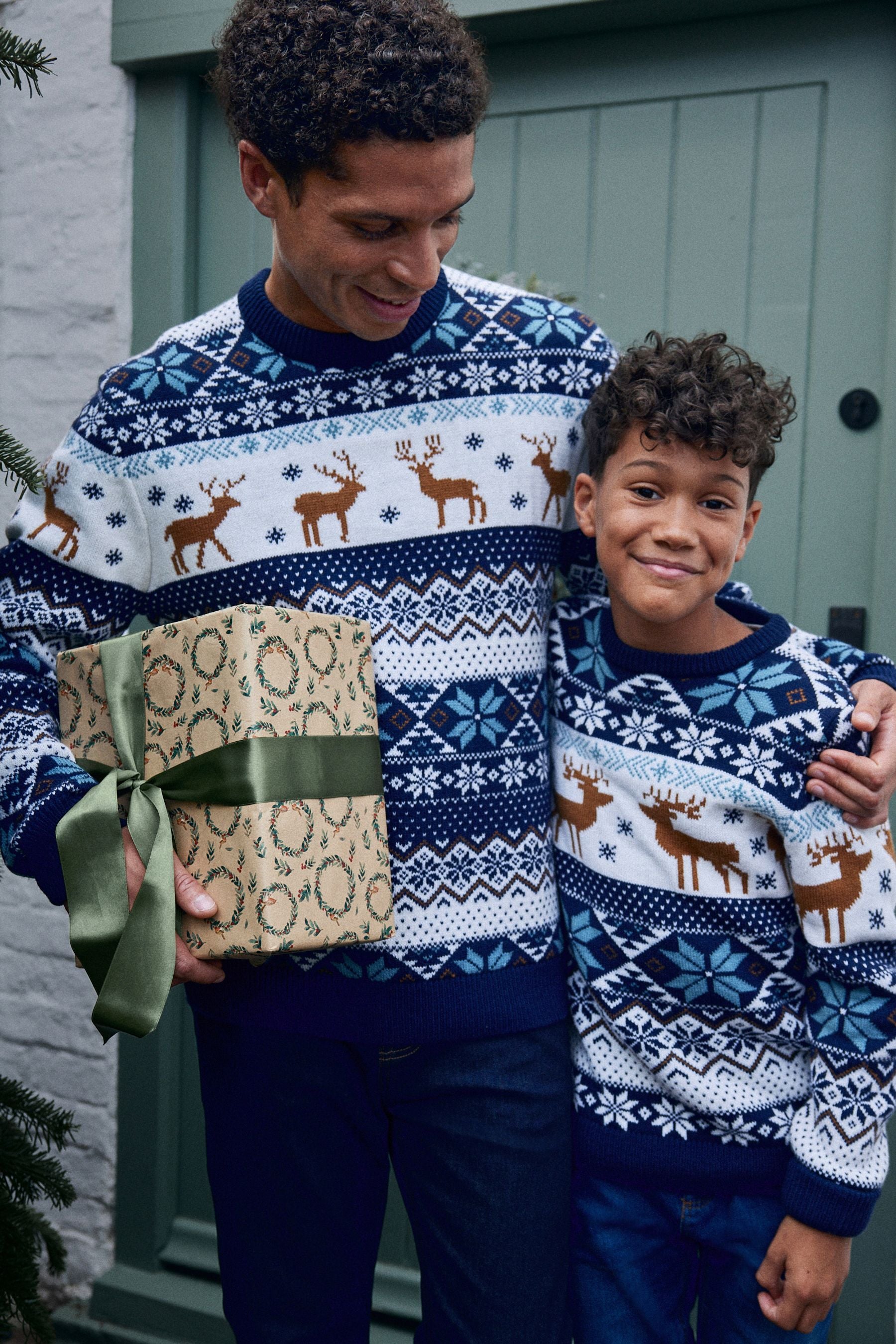 Navy Stag Matching Family Older Boys Wrap Knitted Christmas Jumper (3mths-16yrs)