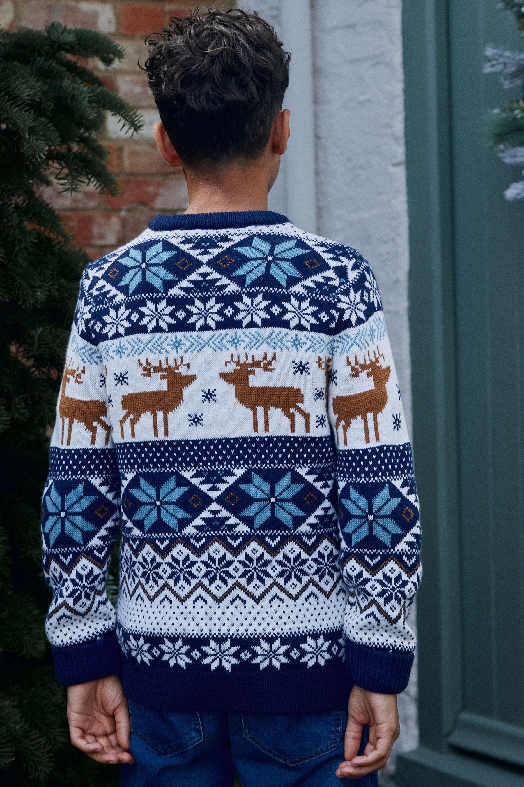 Navy Stag Matching Family Older Boys Wrap Knitted Christmas Jumper (3mths-16yrs)