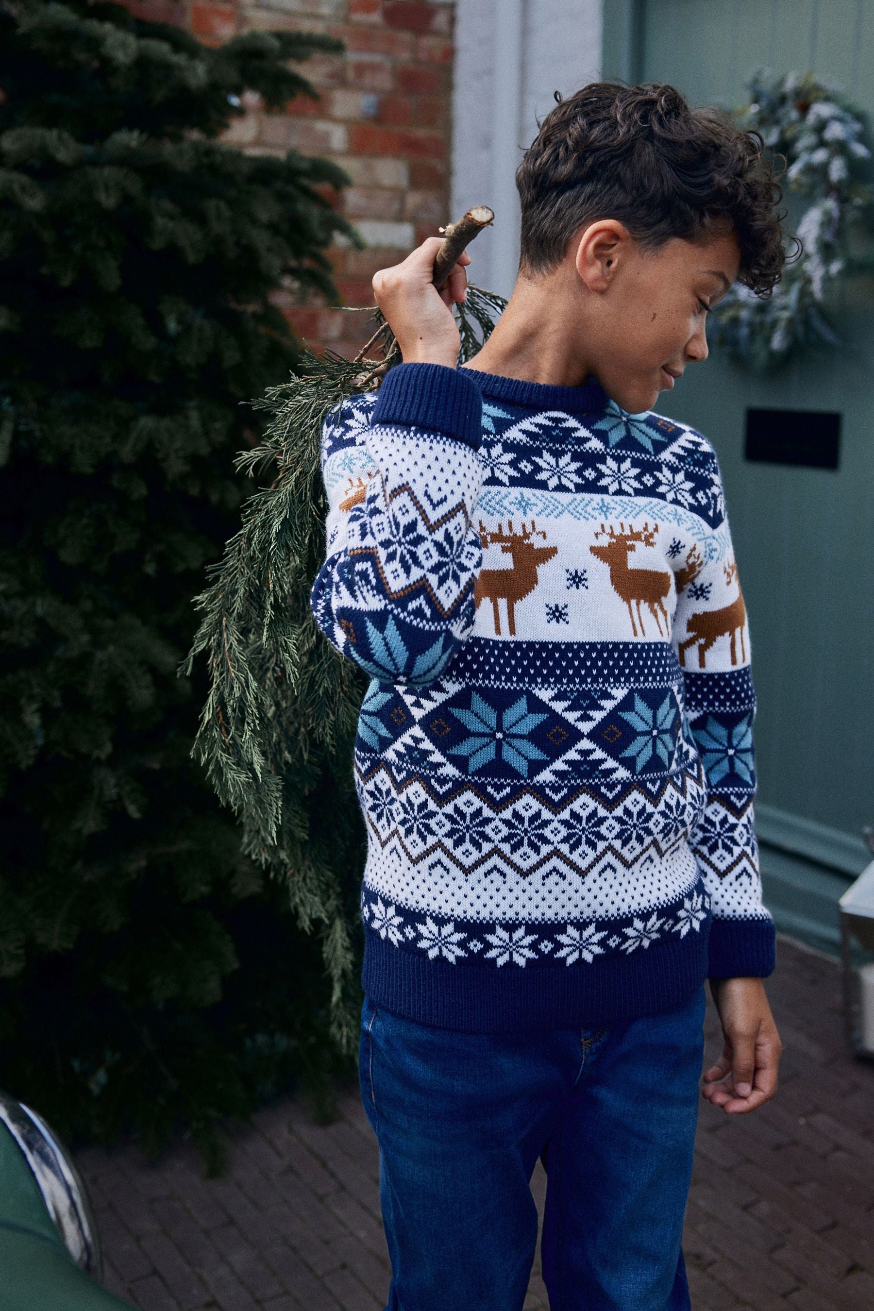 Navy Stag Matching Family Older Boys Wrap Knitted Christmas Jumper (3mths-16yrs)