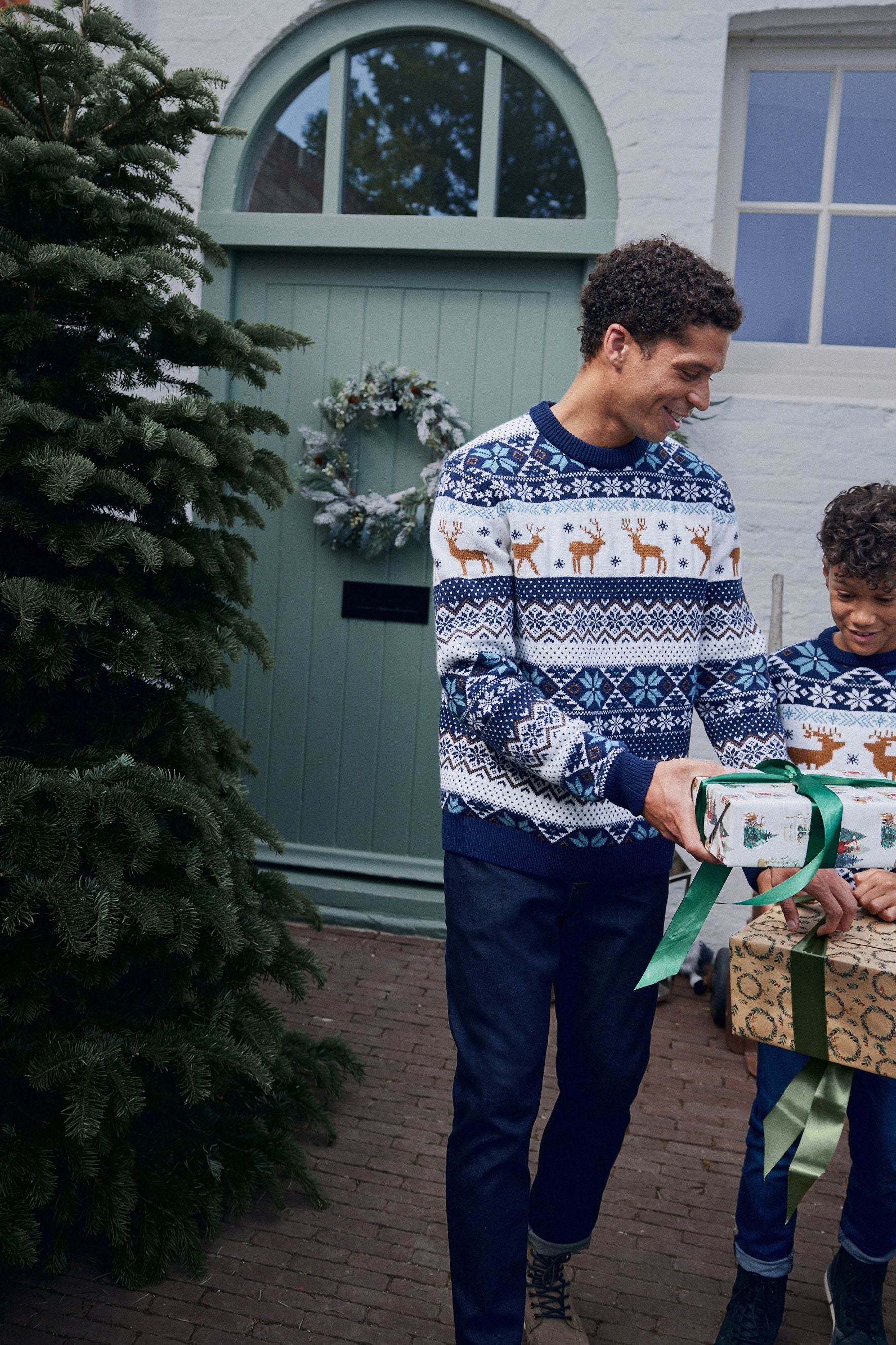 Navy Stag Matching Family Older Boys Wrap Knitted Christmas Jumper (3mths-16yrs)