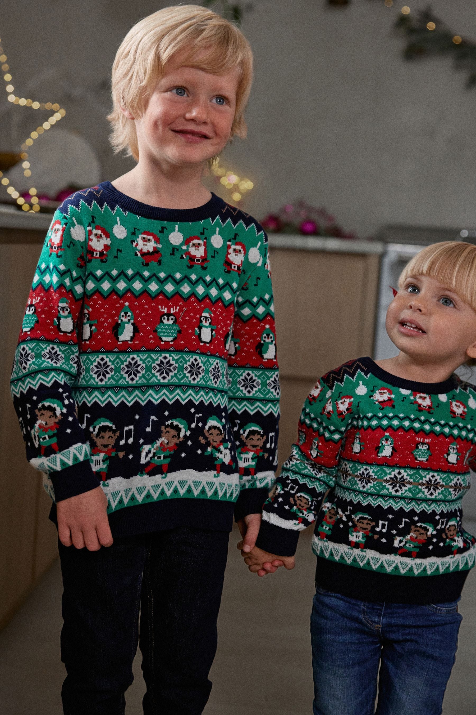 Multi Elf Fairisle Pattern Knitted Boys Christmas Cotton Jumper (3mths-16yrs)