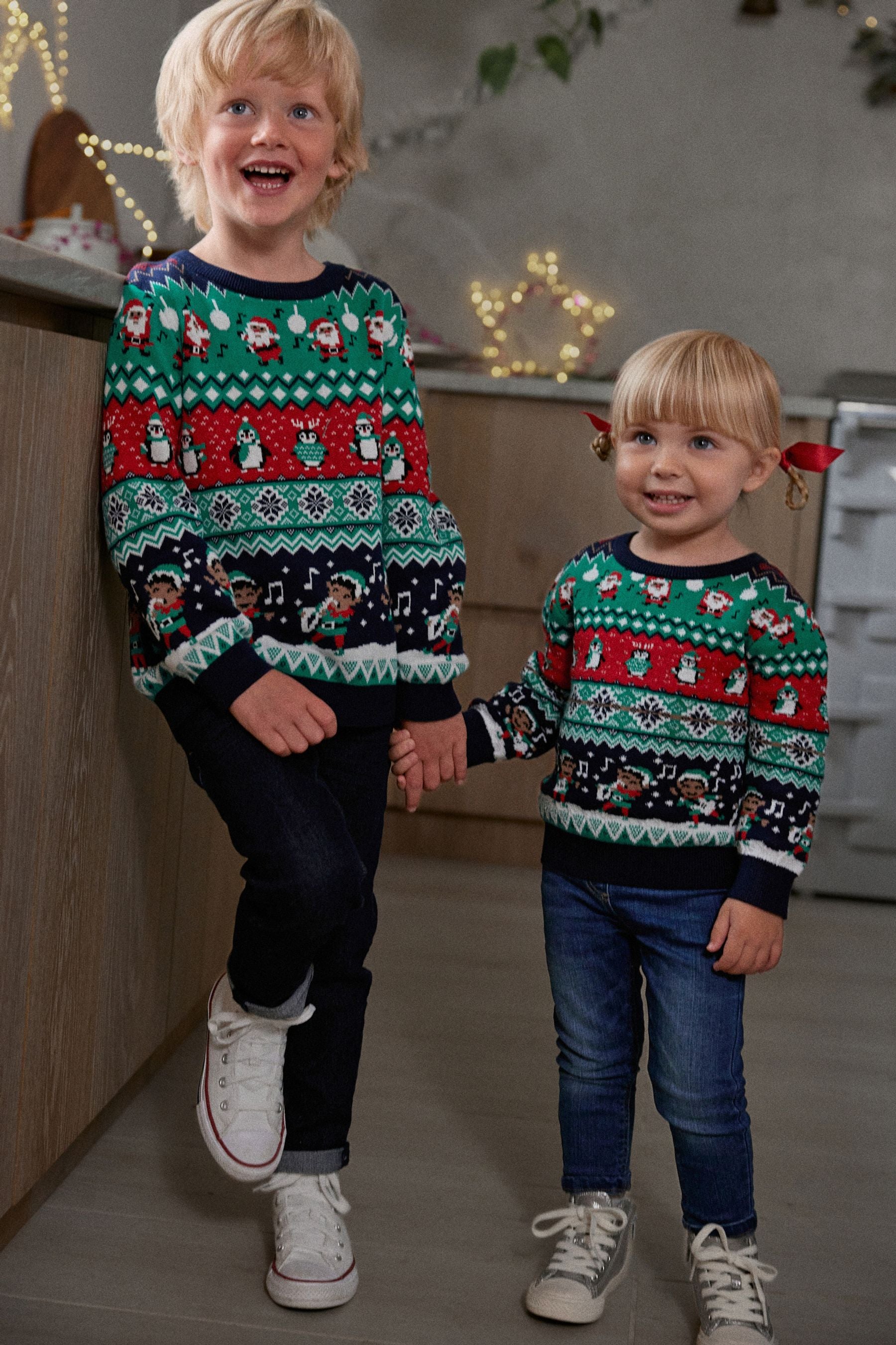 Multi Elf Fairisle Pattern Knitted Boys Christmas Cotton Jumper (3mths-16yrs)