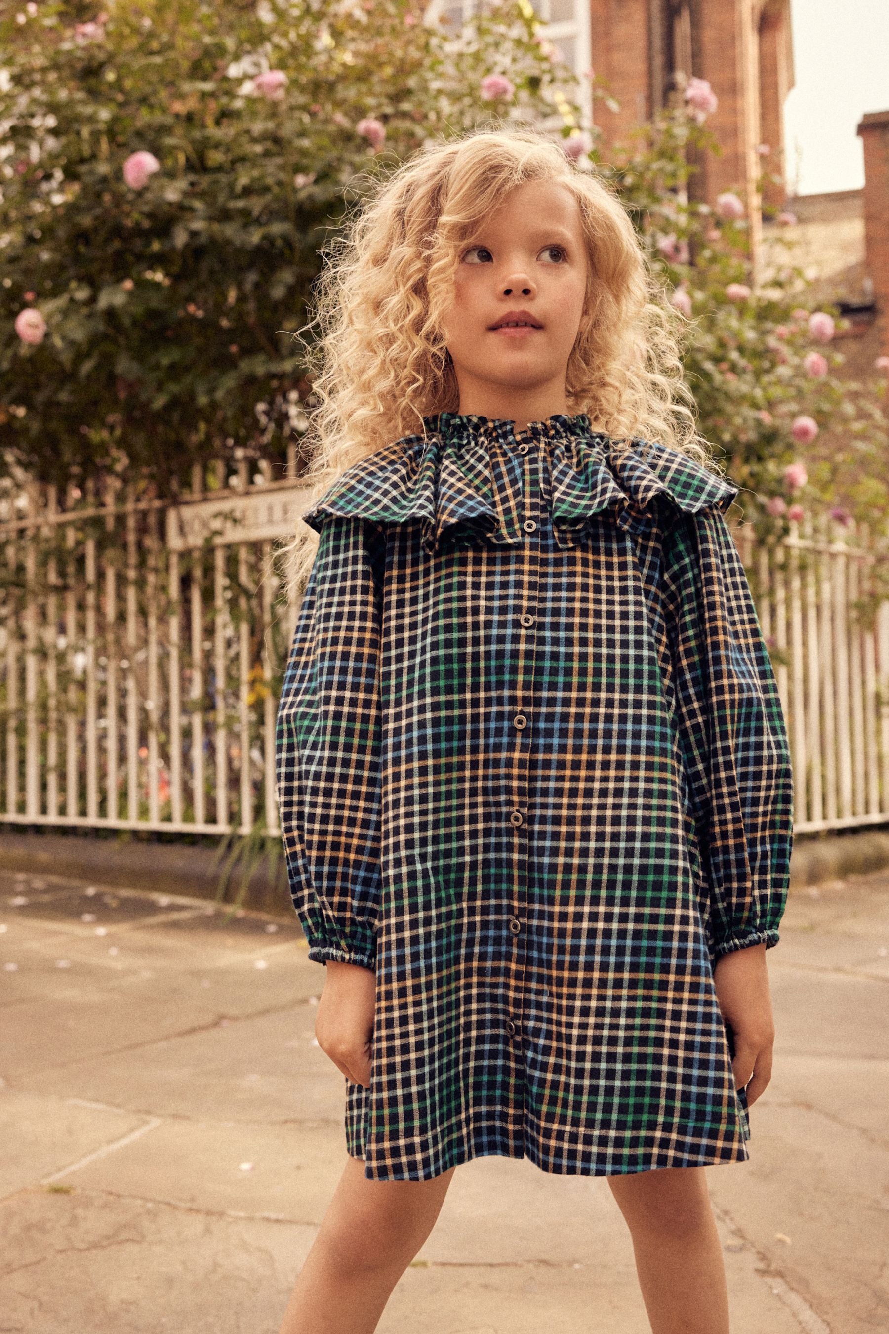 Blue/Green Cape Collar Check Dress (3-16yrs)