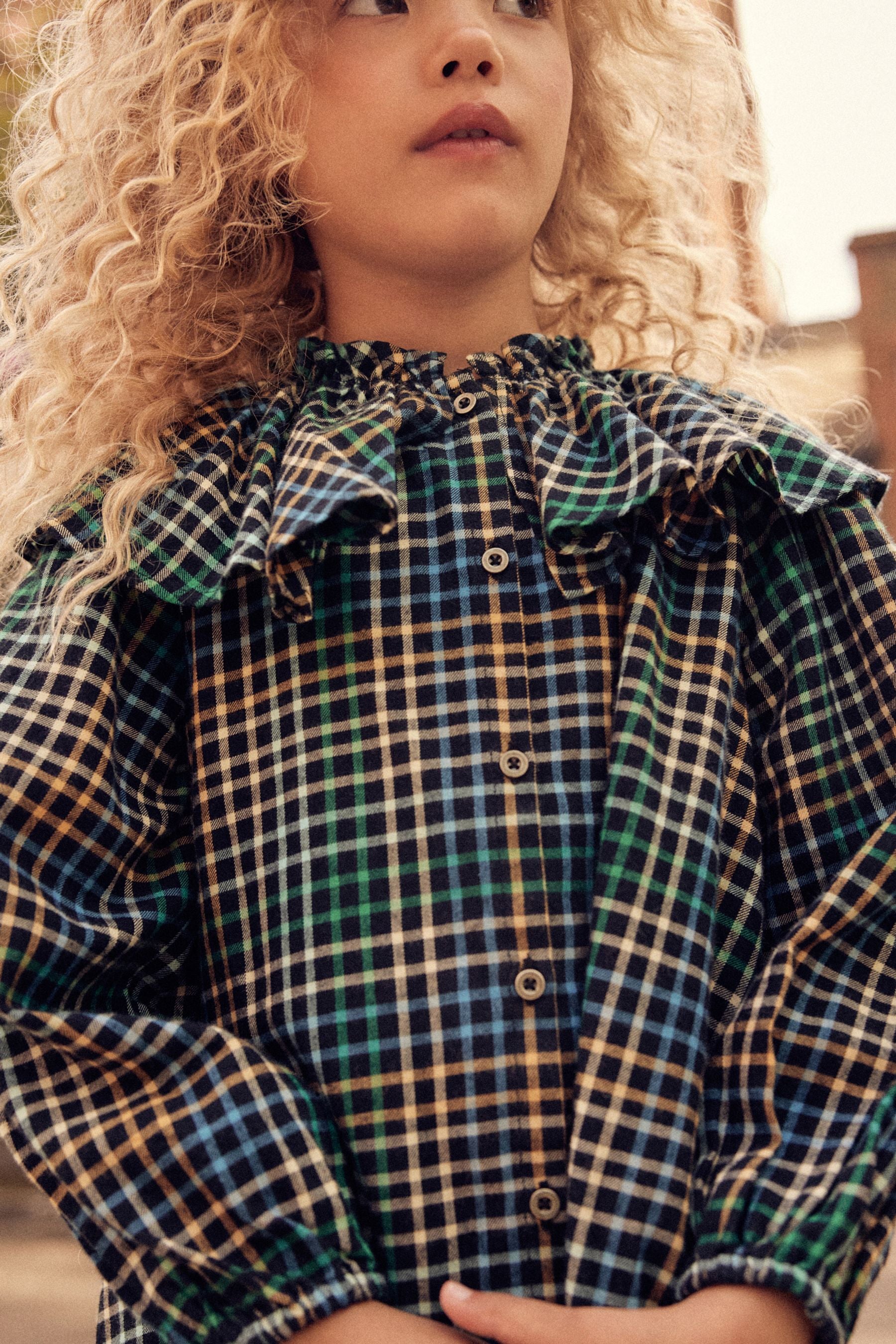 Blue/Green Cape Collar Check Dress (3-16yrs)