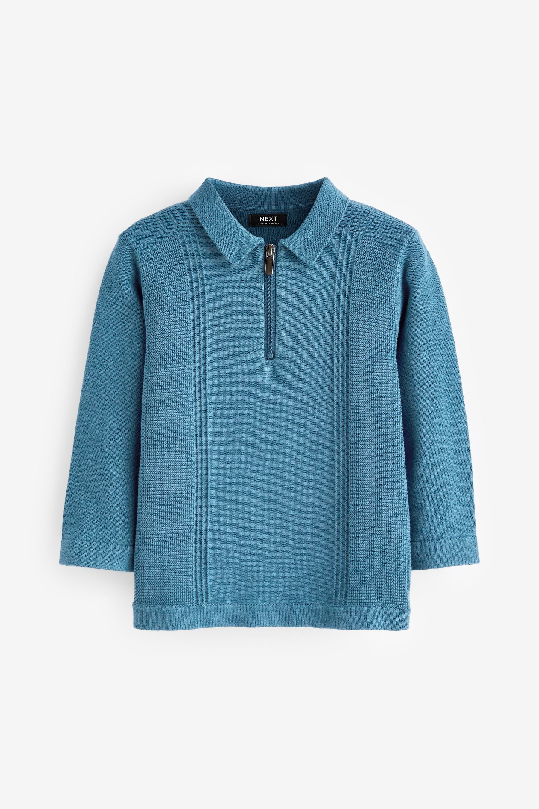 Blue Long Sleeve Zip Neck Textured Polo Shirt (3mths-7yrs)