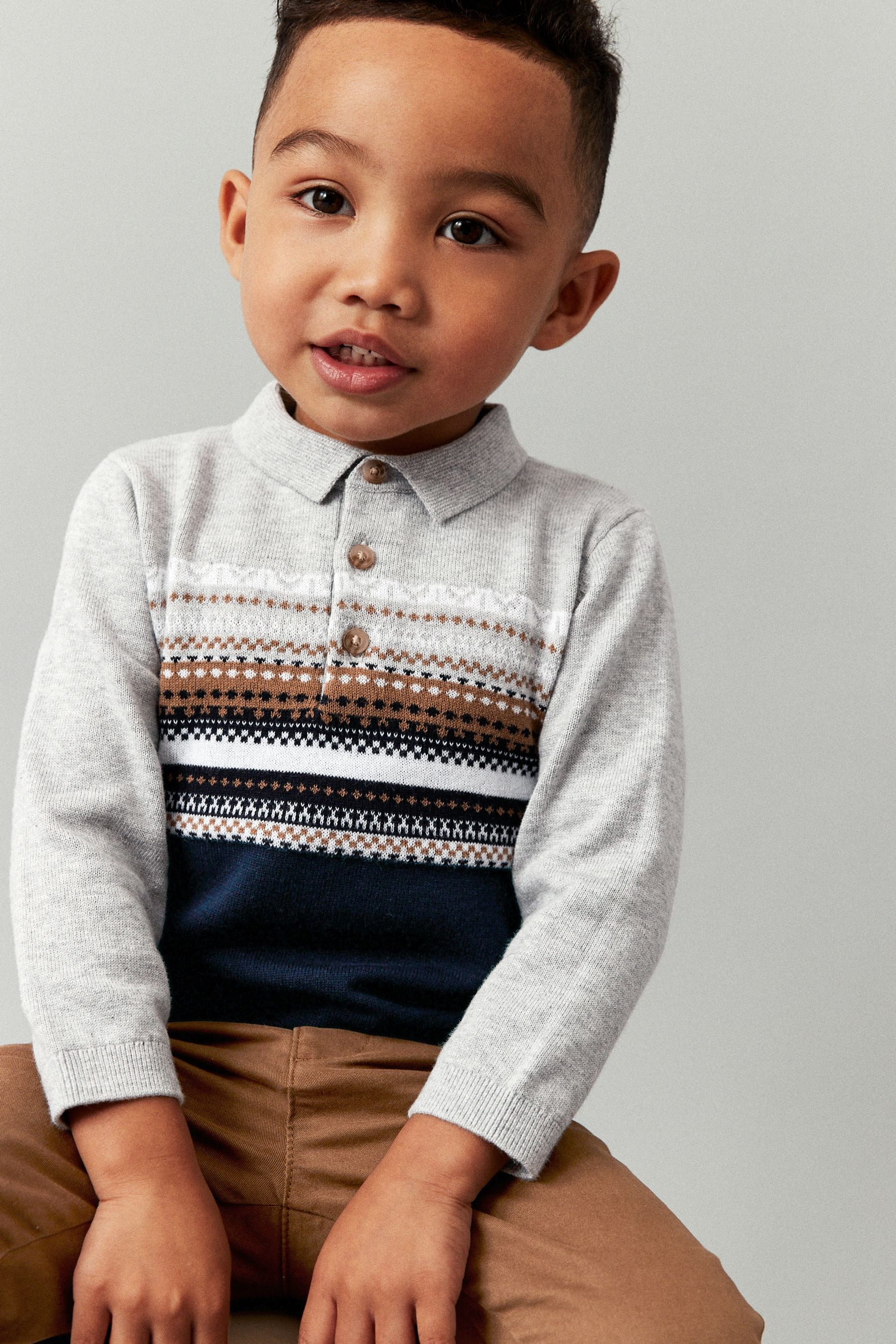 Grey Fairisle Long Sleeve Patterned Knit Polo Shirt (3mths-7yrs)