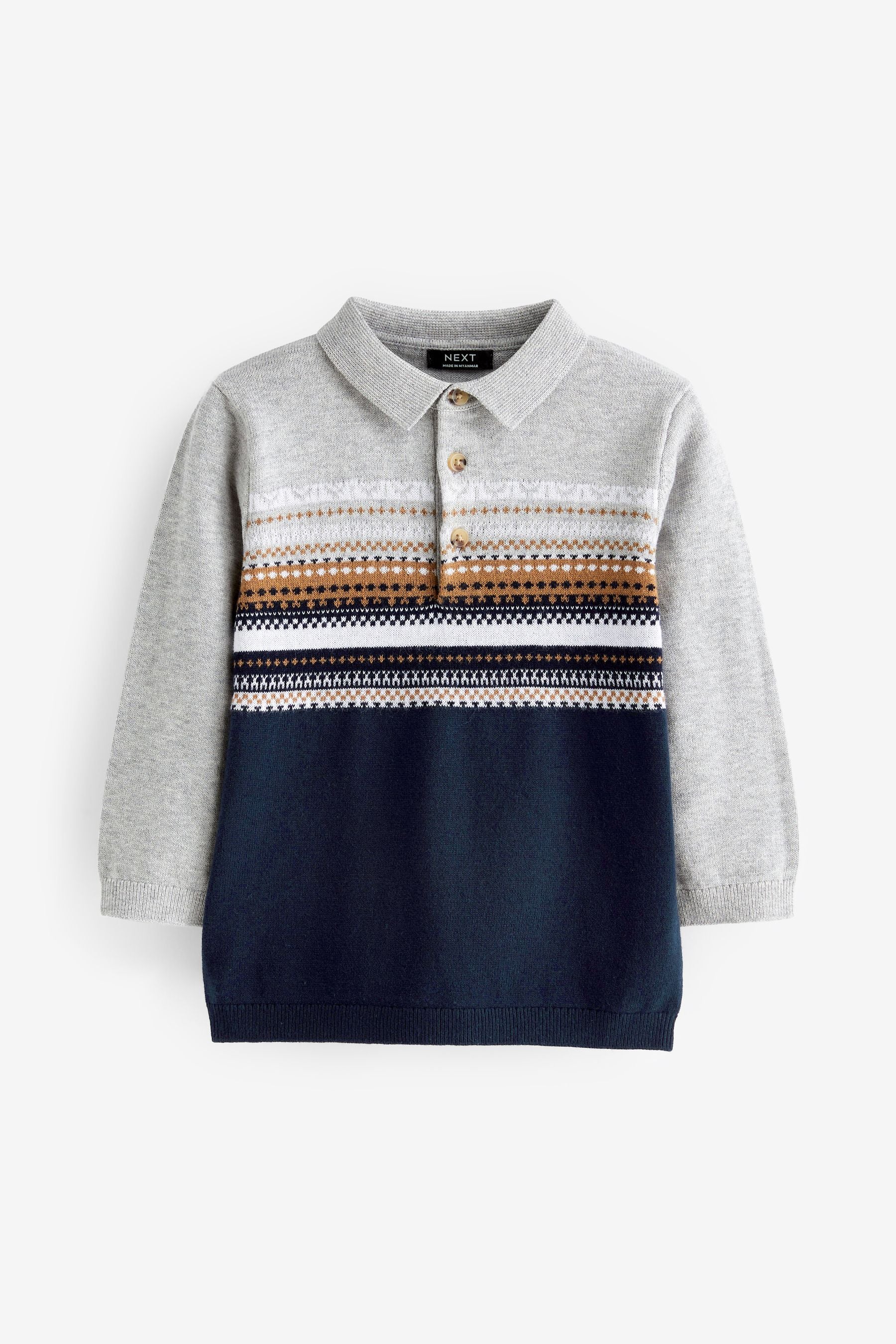 Grey Fairisle Long Sleeve Patterned Knit Polo Shirt (3mths-7yrs)