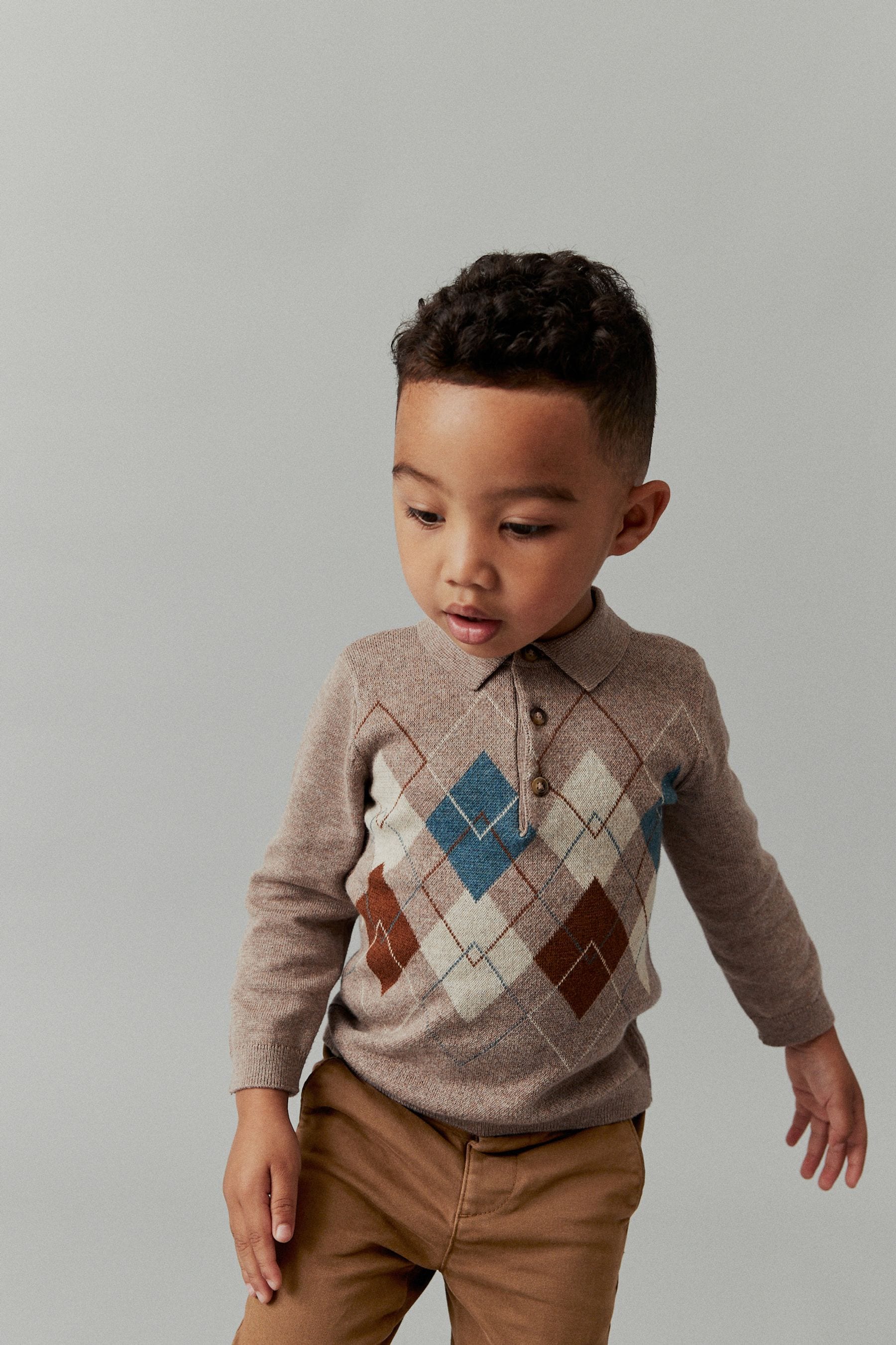 Tan Brown Argyle Pattern Check Long Sleeve Patterned Knit Polo Shirt (3mths-7yrs)