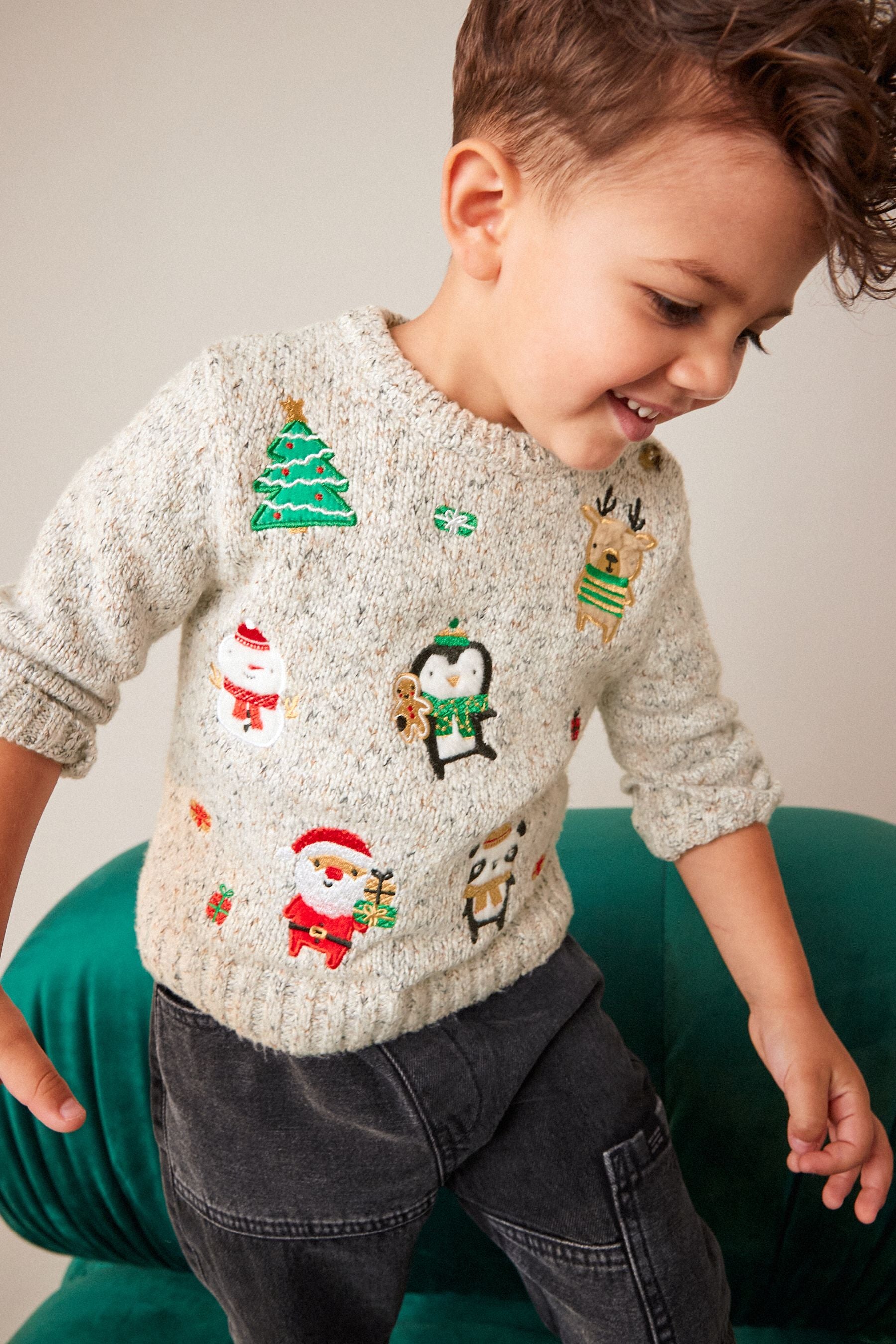 Grey Embroidered Knitted Christmas Jumper (3mths-7yrs)