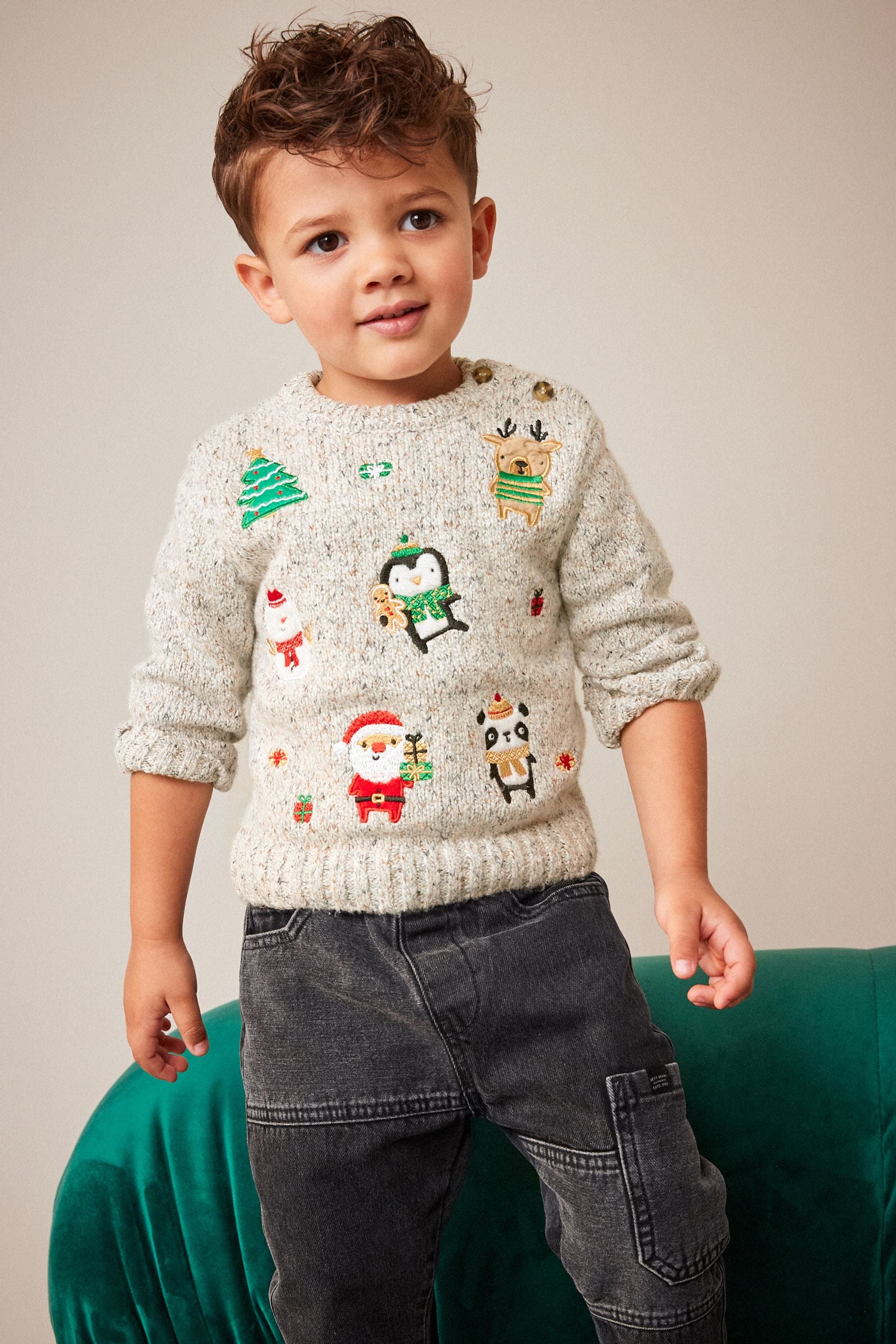 Grey Embroidered Knitted Christmas Jumper (3mths-7yrs)