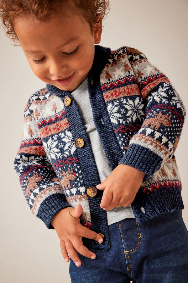 Navy Blue Fairisle Pattern Cardigan Knitted Christmas Jumper (3mths-7yrs)