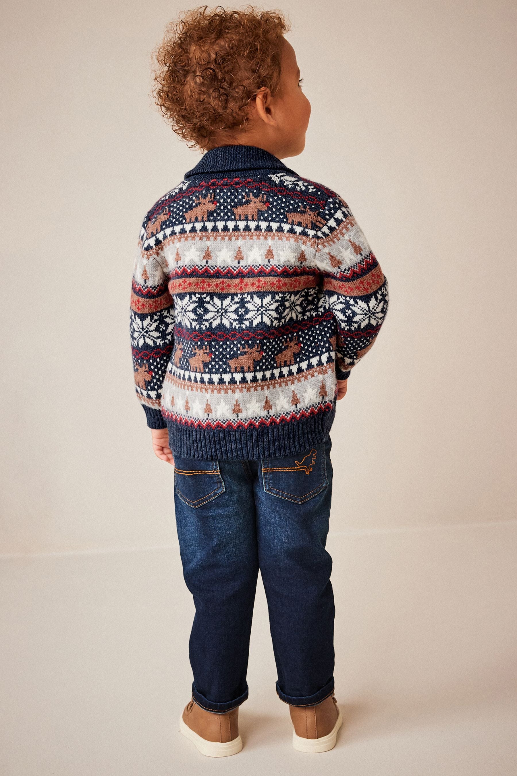 Navy Blue Fairisle Pattern Cardigan Knitted Christmas Jumper (3mths-7yrs)