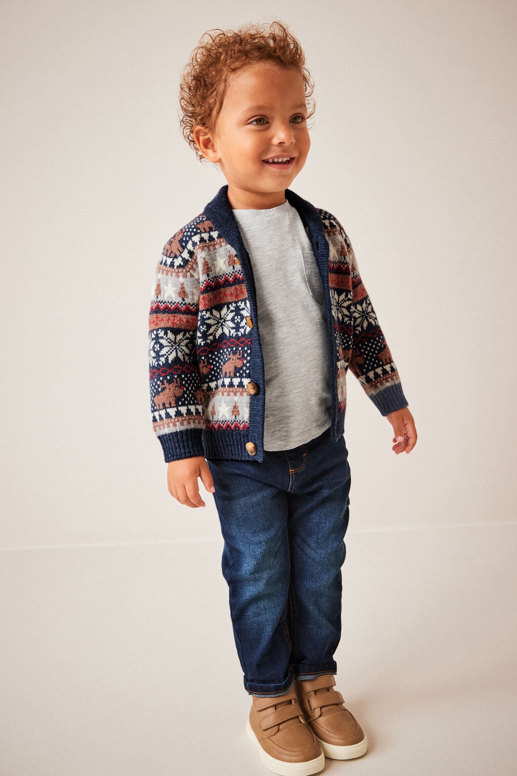 Navy Blue Fairisle Pattern Cardigan Knitted Christmas Jumper (3mths-7yrs)