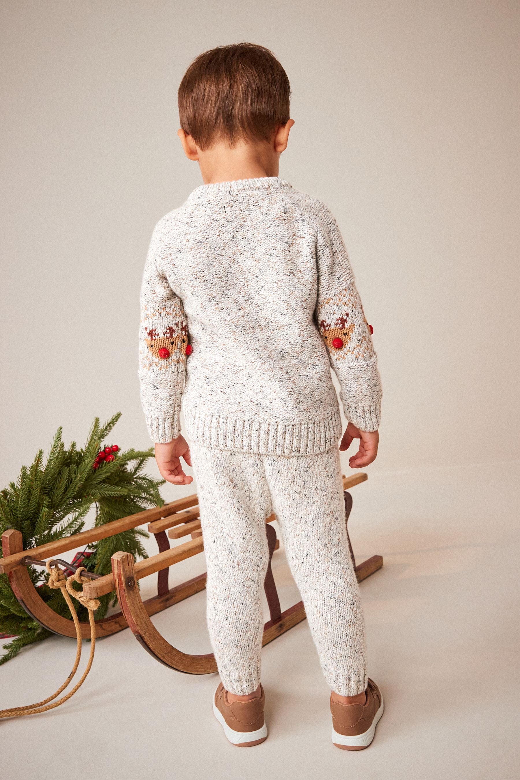 Grey Reindeer Knitted Christmas Sweater & Joggers Set (3mths-7yrs)