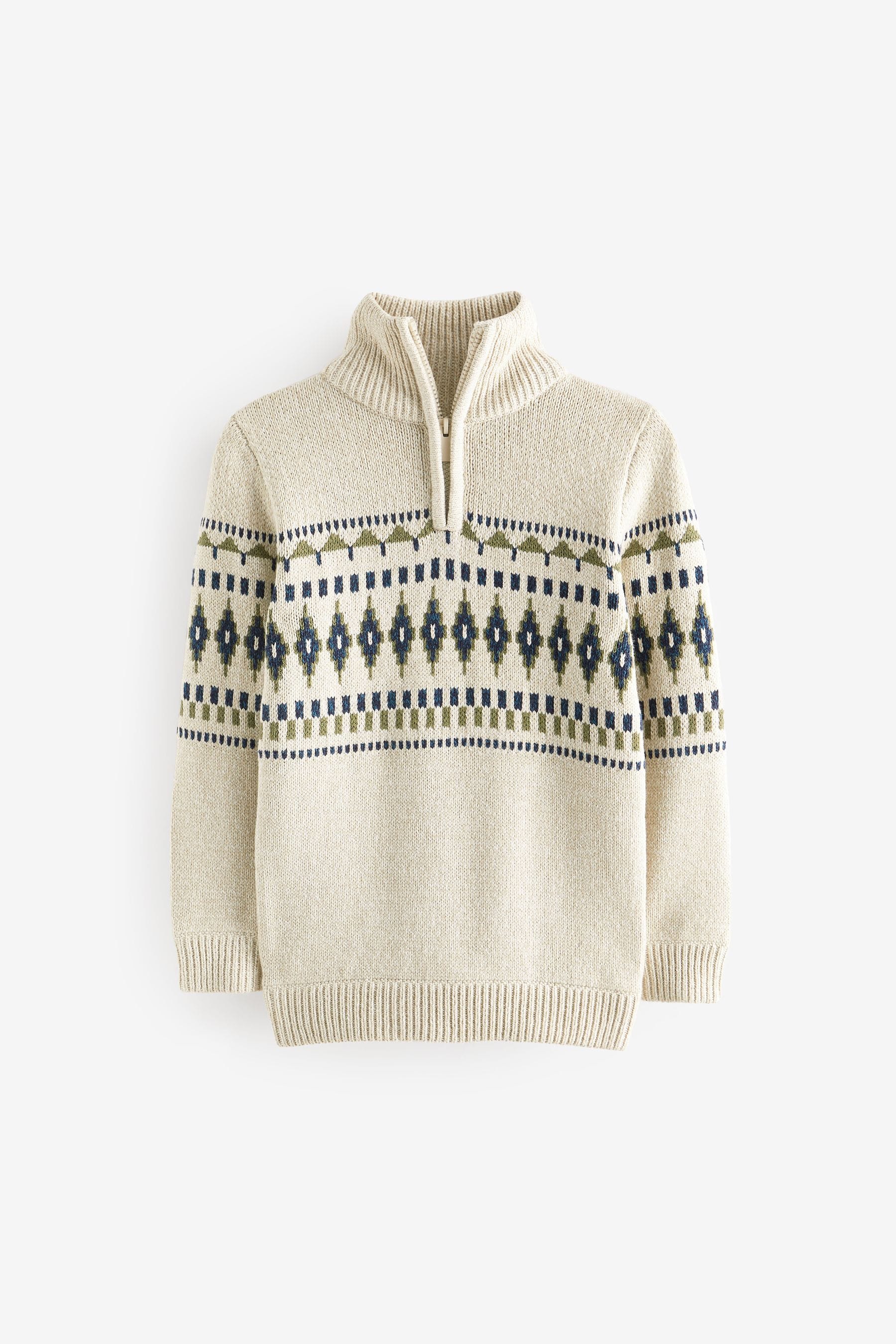 Ecru Cream Fairisle Pattern Zip Neck Knit Jumper (3-16yrs)