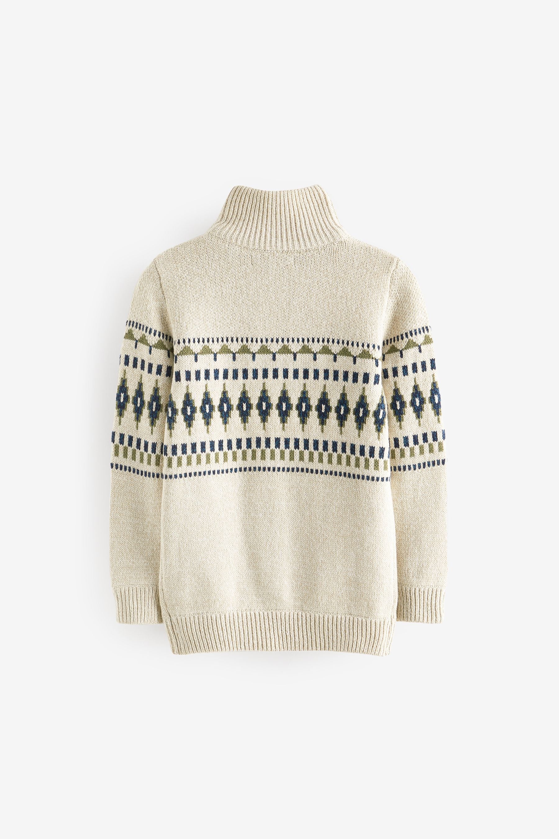 Ecru Cream Fairisle Pattern Zip Neck Knit Jumper (3-16yrs)