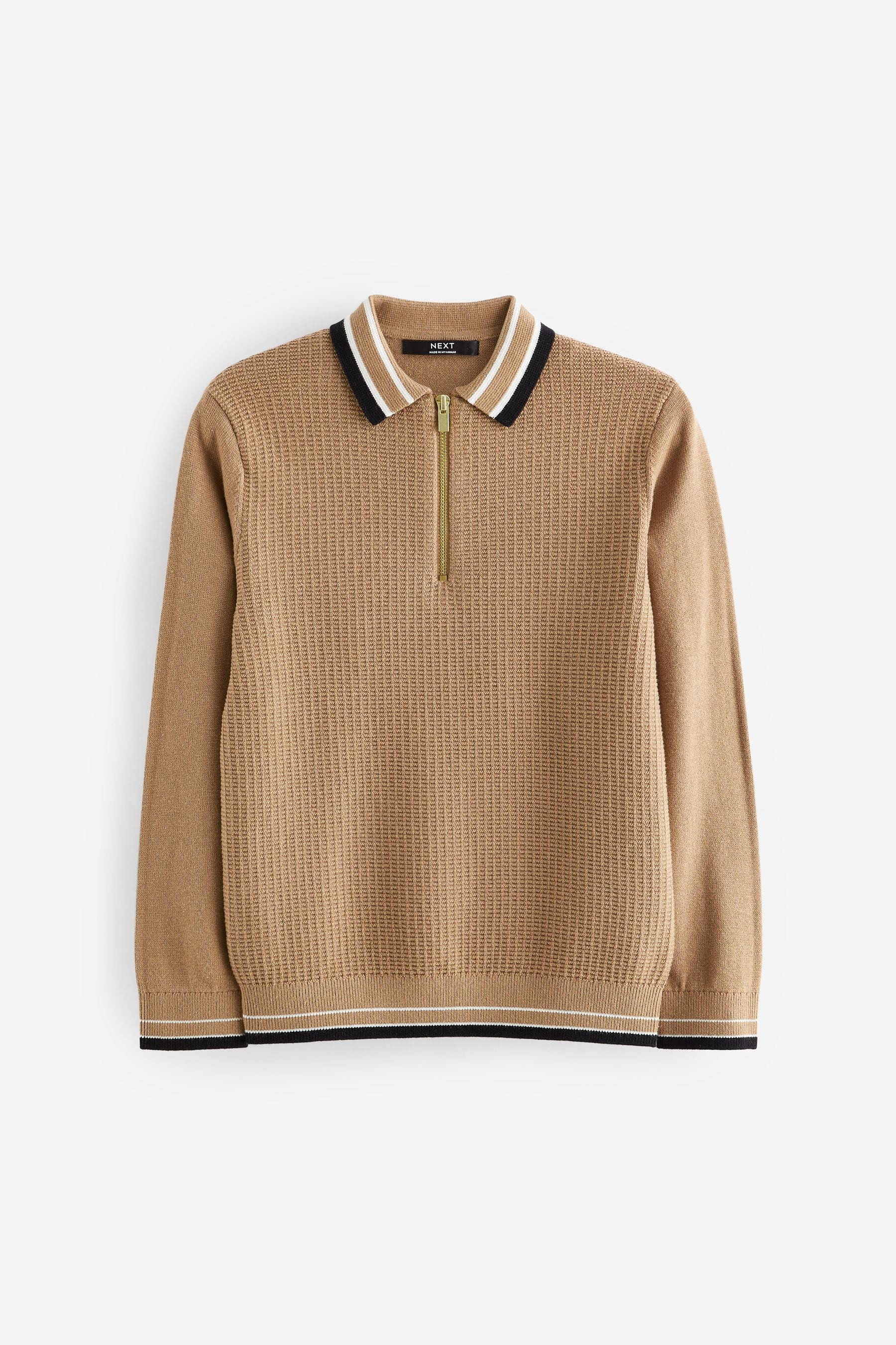 Tan Brown Long Sleeve Knitted Zip Polo Shirt (3-16yrs)