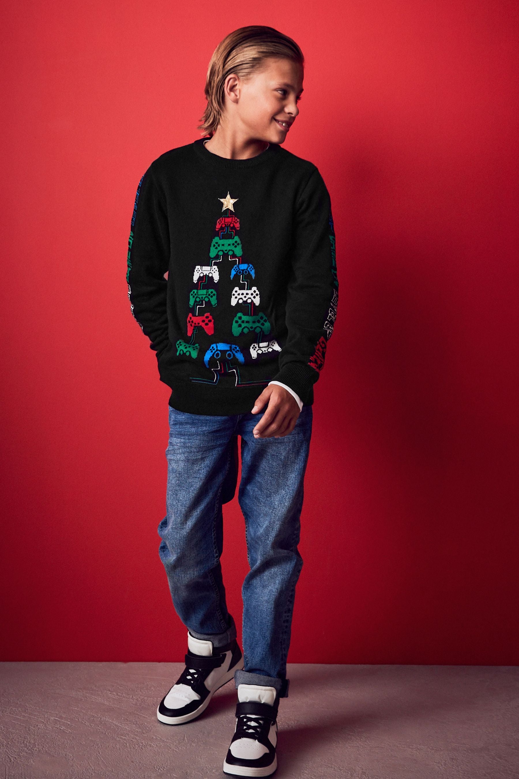 Black Gaming Tree Knitted Christmas Jumper (3-16yrs)