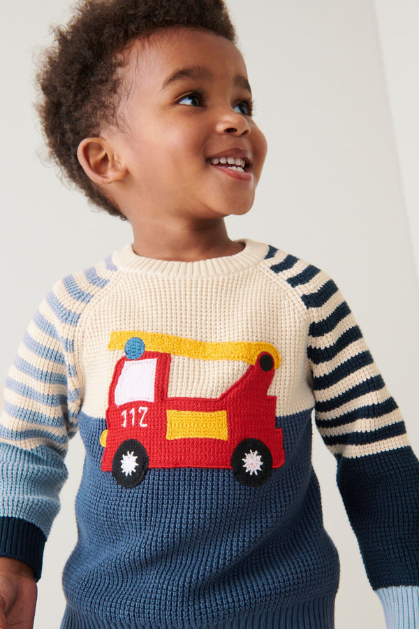 Navy Blue Fire Engine Colourblock Knitted Crew (3mths-7yrs)