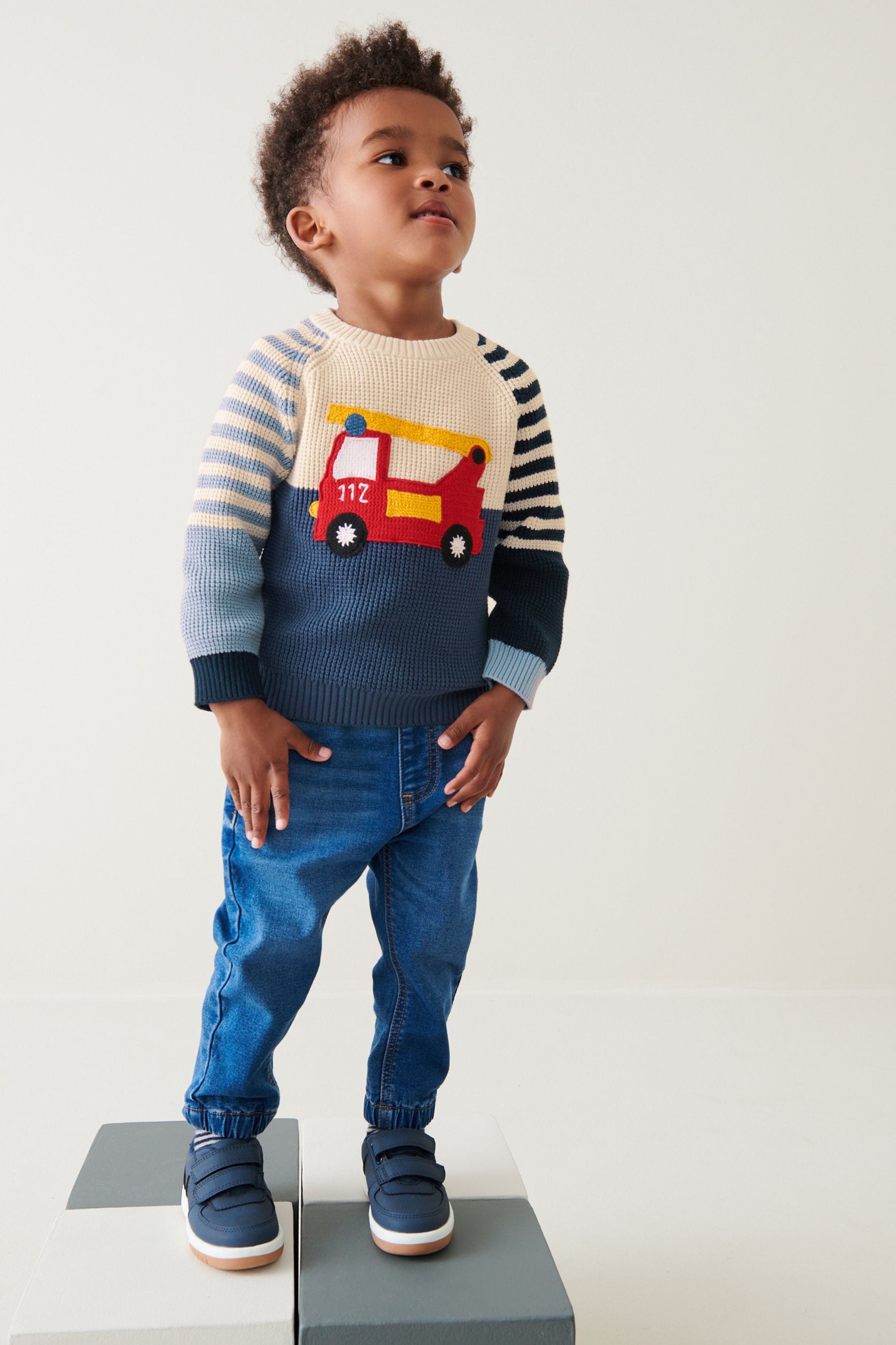 Navy Blue Fire Engine Colourblock Knitted Crew (3mths-7yrs)