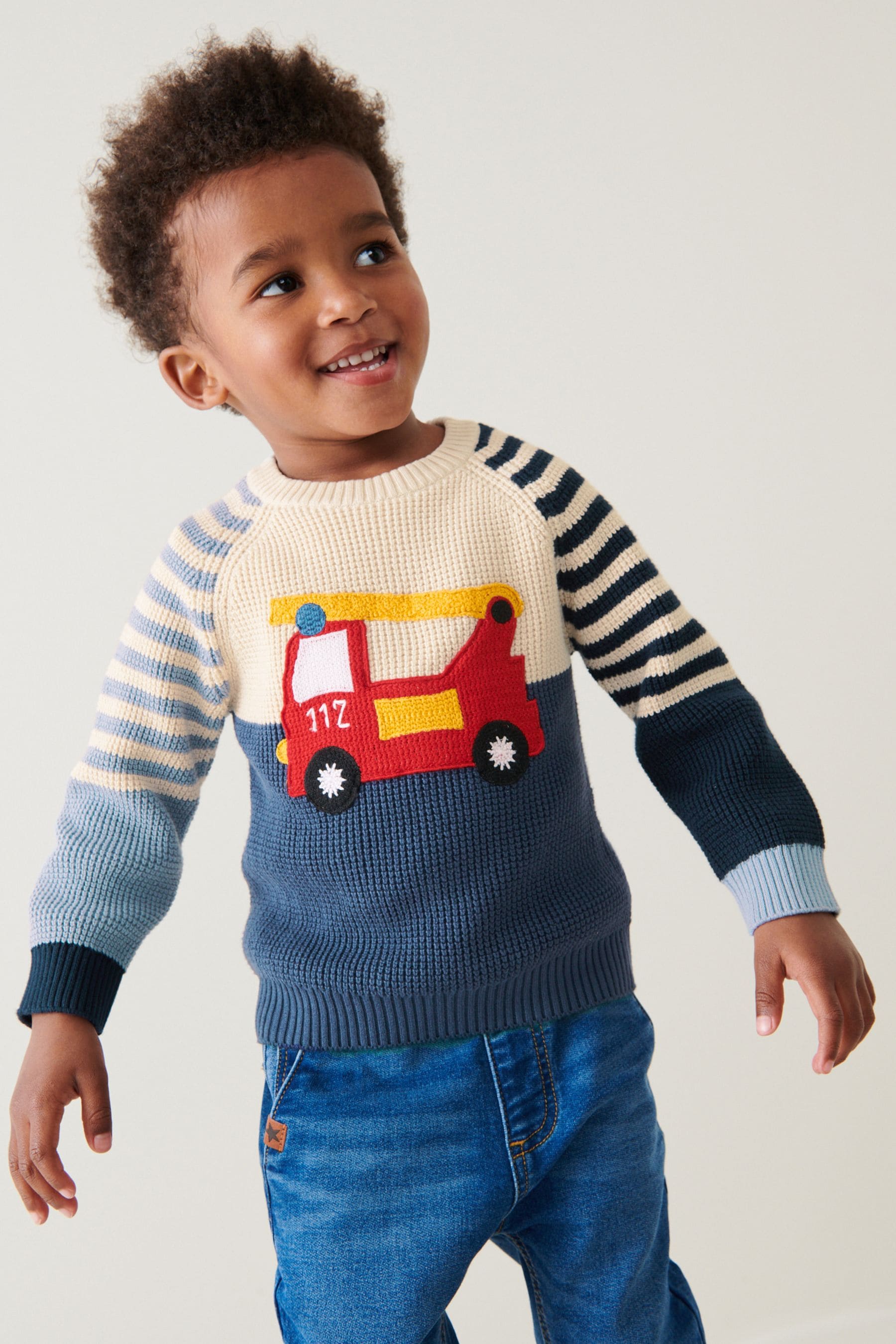 Navy Blue Fire Engine Colourblock Knitted Crew (3mths-7yrs)