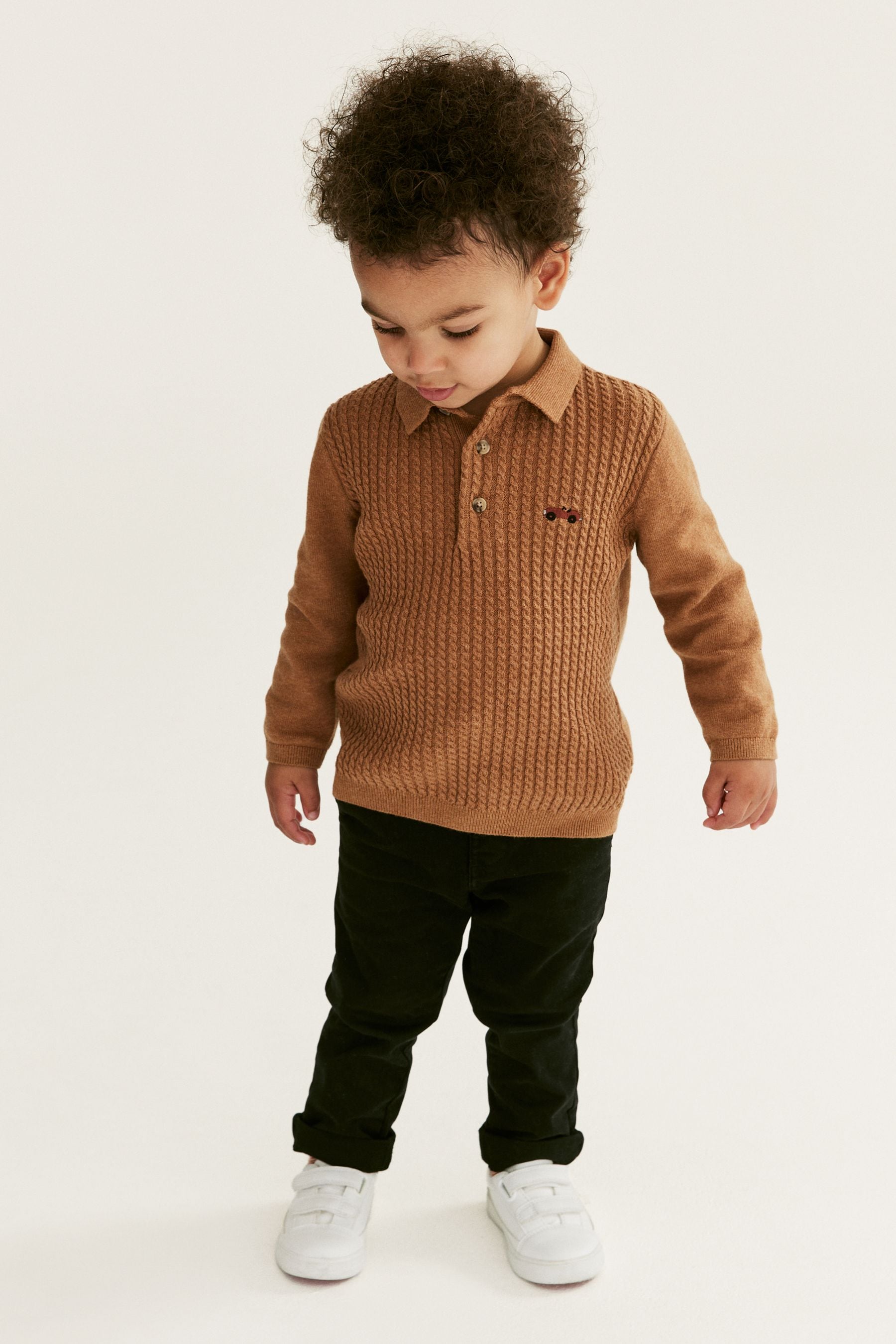 Neutral Cable Knit Smart Long Sleeve Polo Shirt (3mths-7yrs)