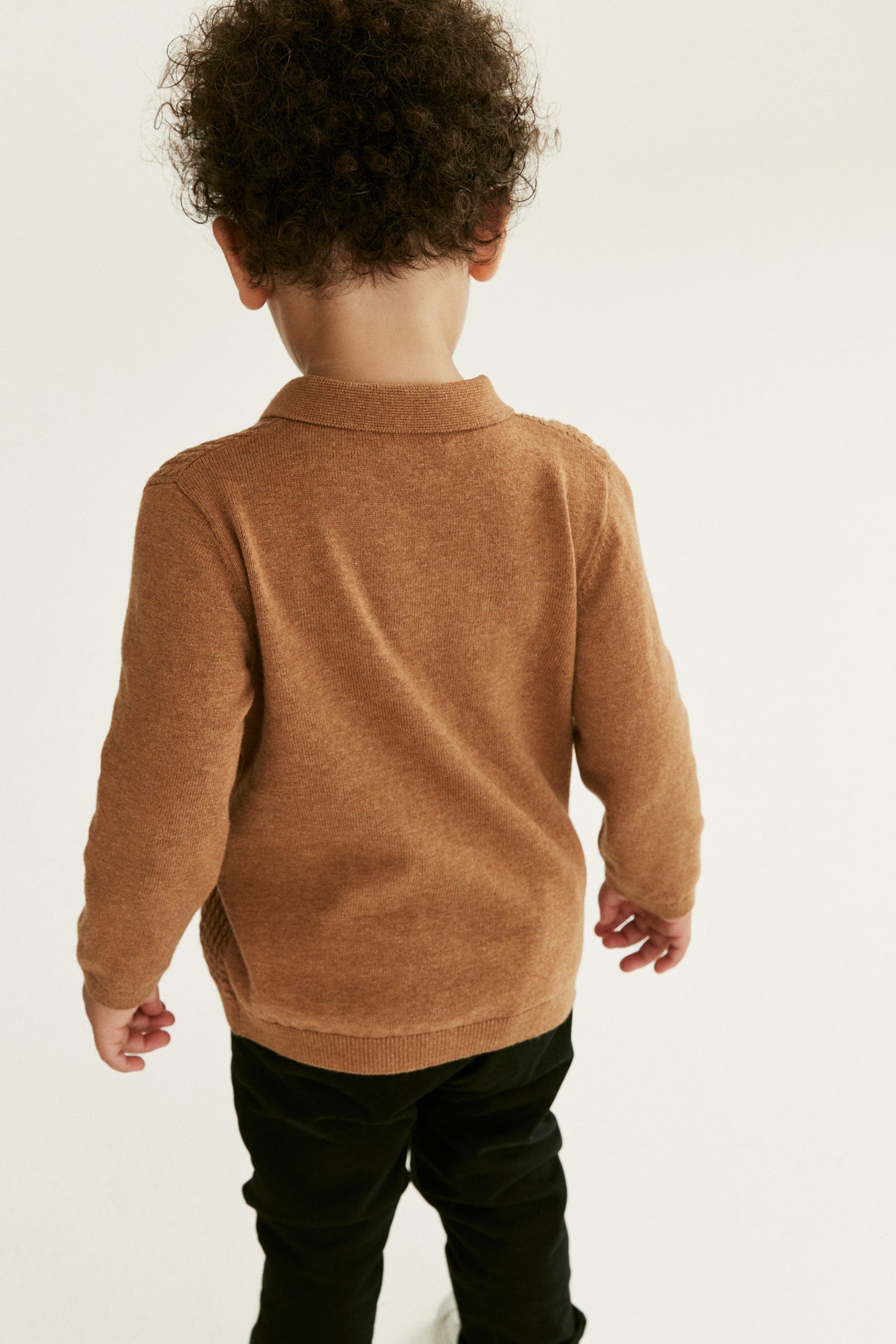 Neutral Cable Knit Smart Long Sleeve Polo Shirt (3mths-7yrs)