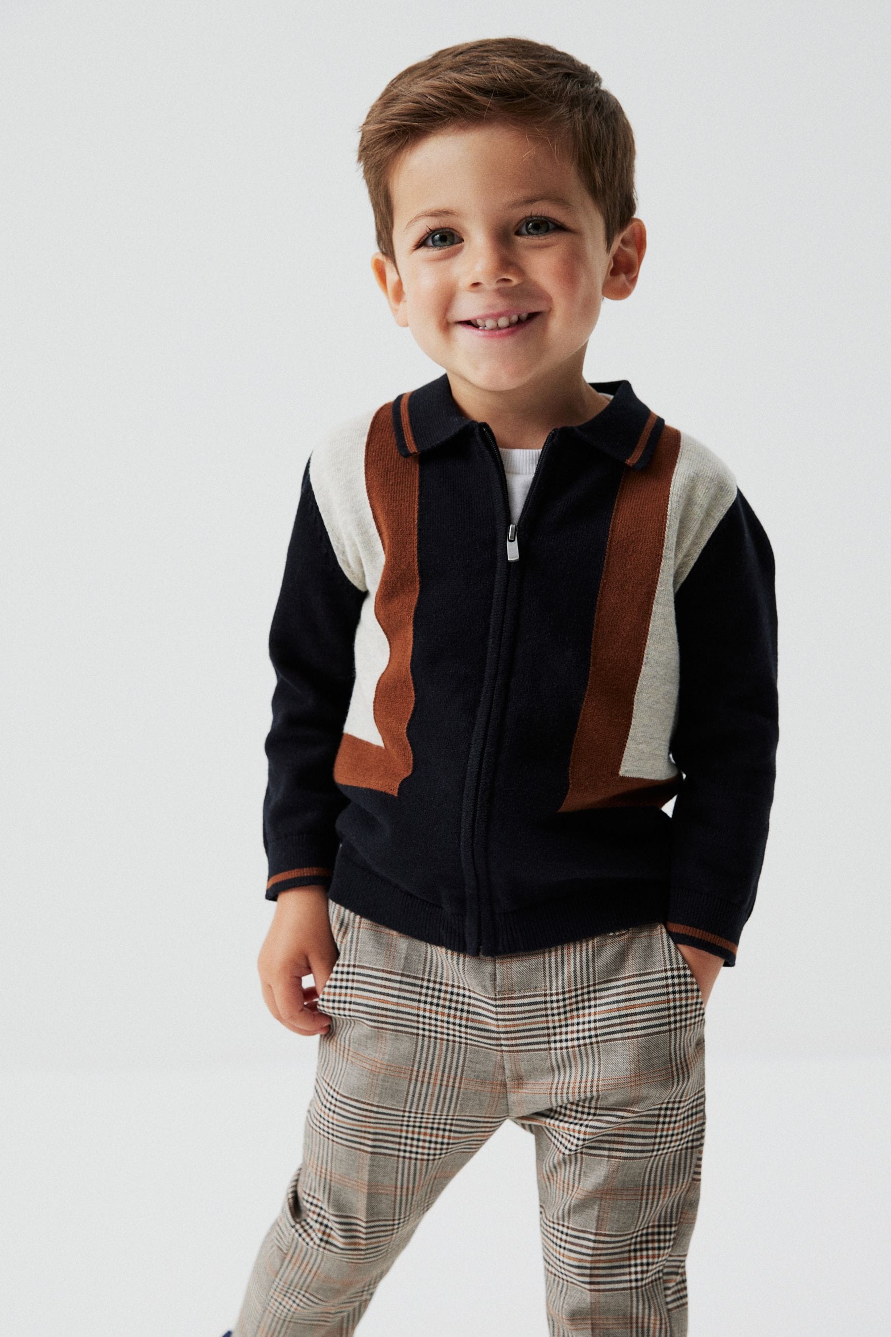 Black/Tan Brown Colourblock Long Sleeve Patterned Knit Polo Shirt (3mths-7yrs)