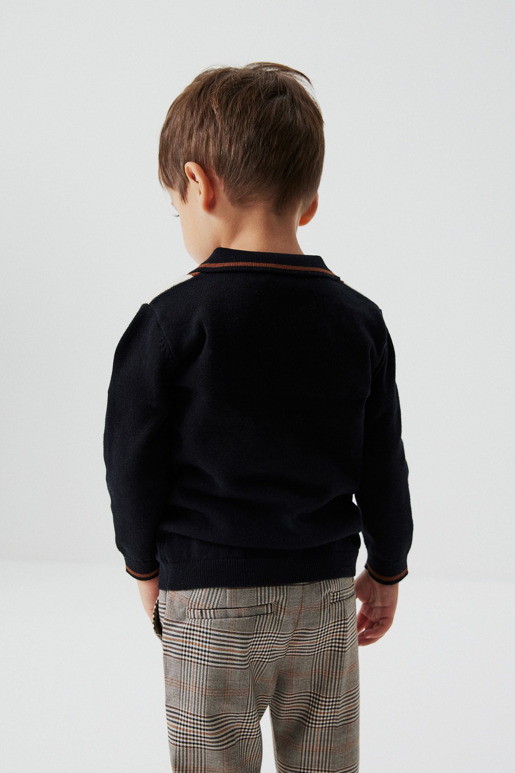 Black/Tan Brown Colourblock Long Sleeve Patterned Knit Polo Shirt (3mths-7yrs)