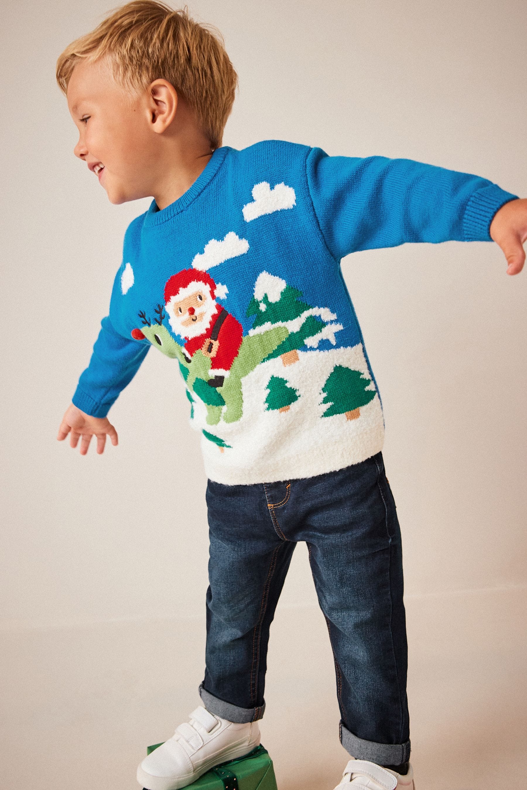 Cobalt Blue Santa Dinosaur Knitted Christmas Jumper (3mths-7yrs)