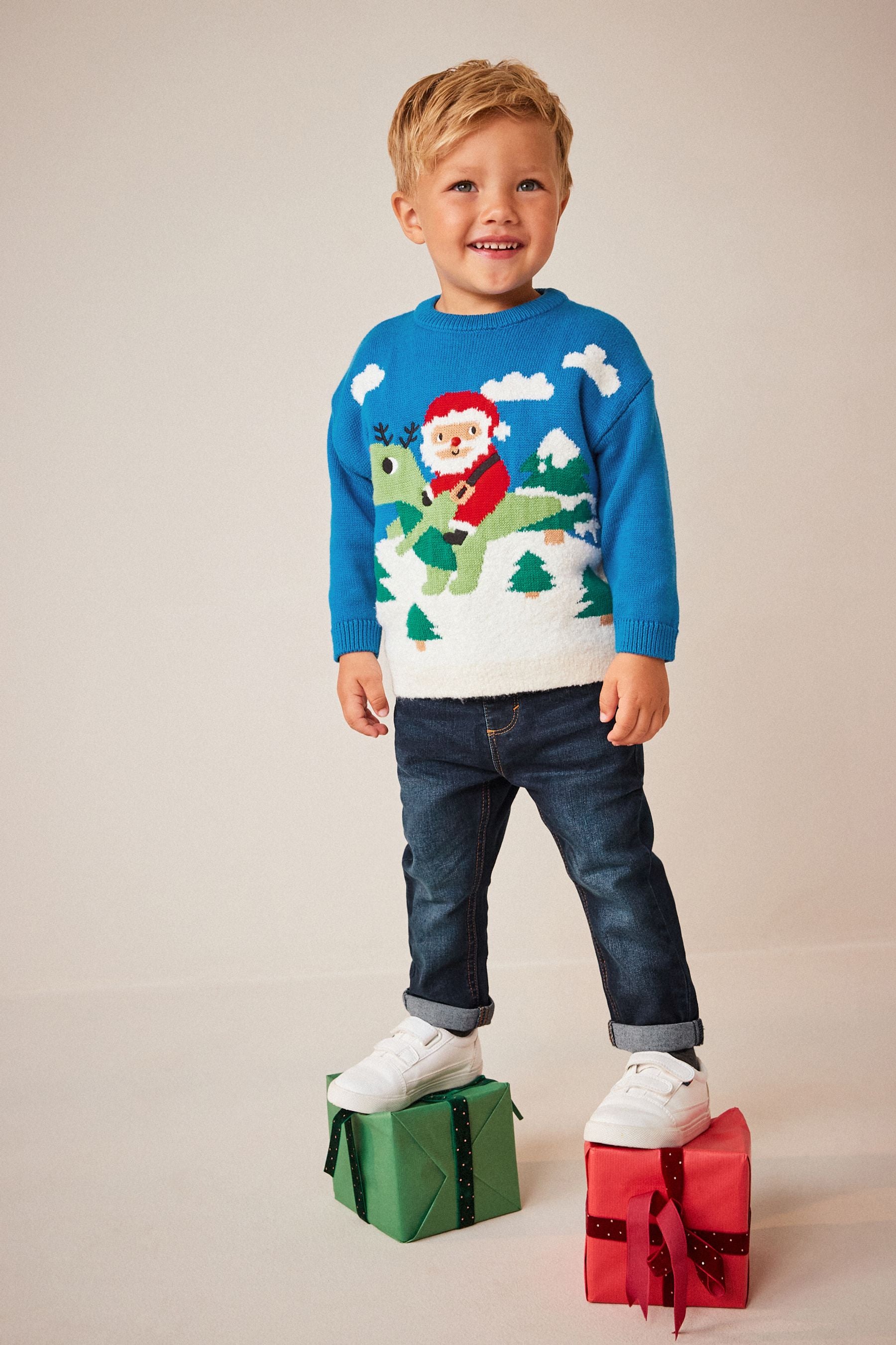 Cobalt Blue Santa Dinosaur Knitted Christmas Jumper (3mths-7yrs)