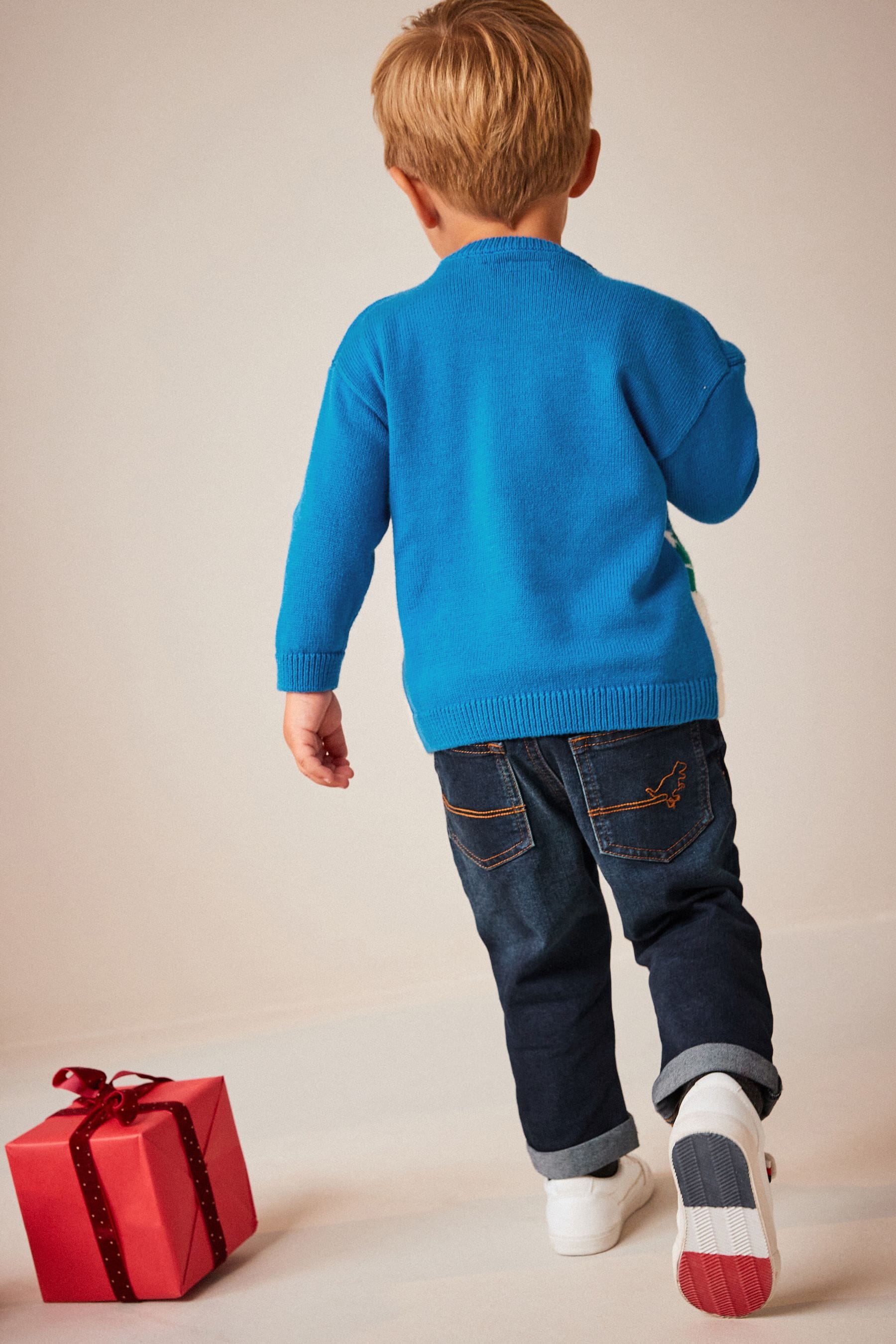 Cobalt Blue Santa Dinosaur Knitted Christmas Jumper (3mths-7yrs)