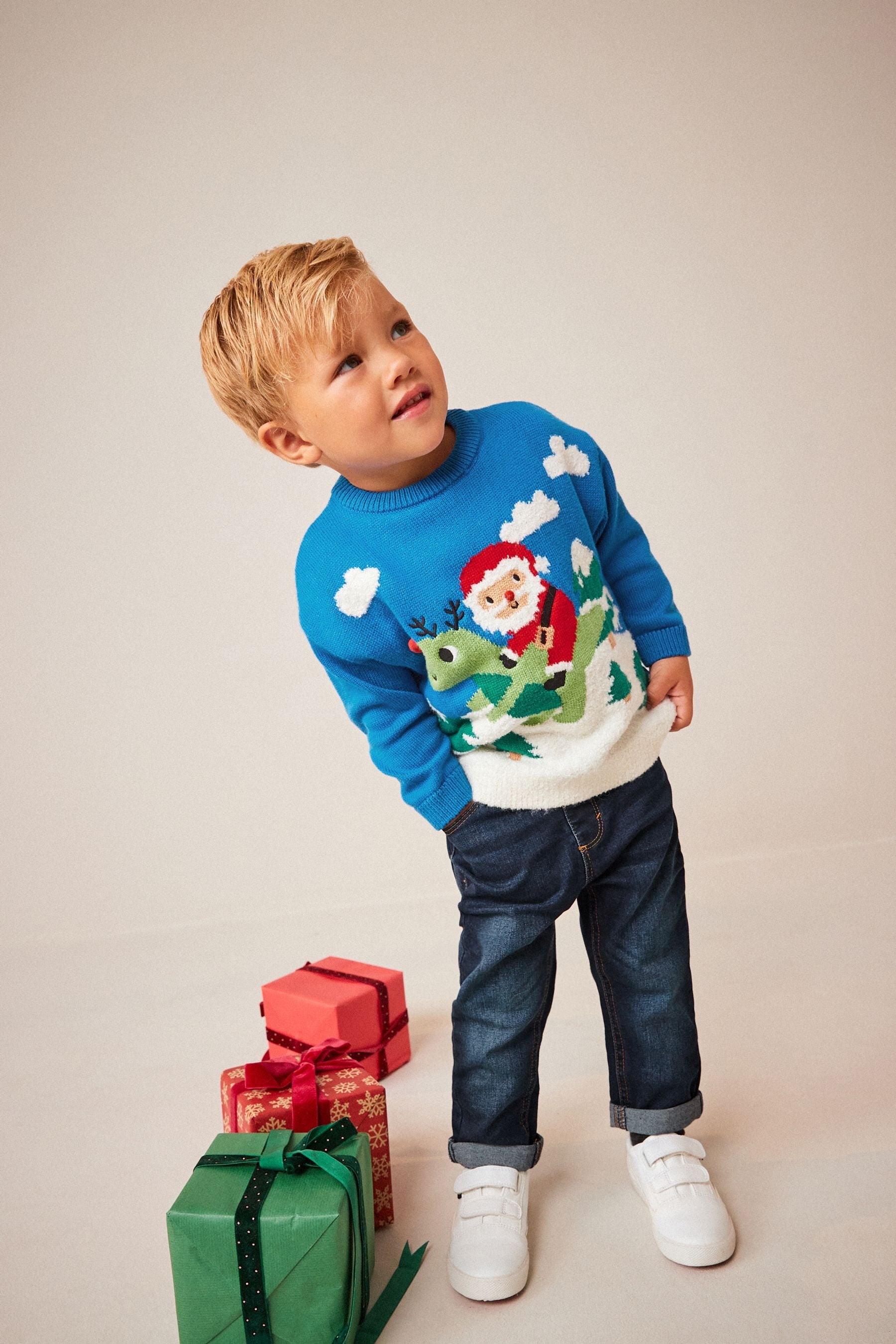 Cobalt Blue Santa Dinosaur Knitted Christmas Jumper (3mths-7yrs)