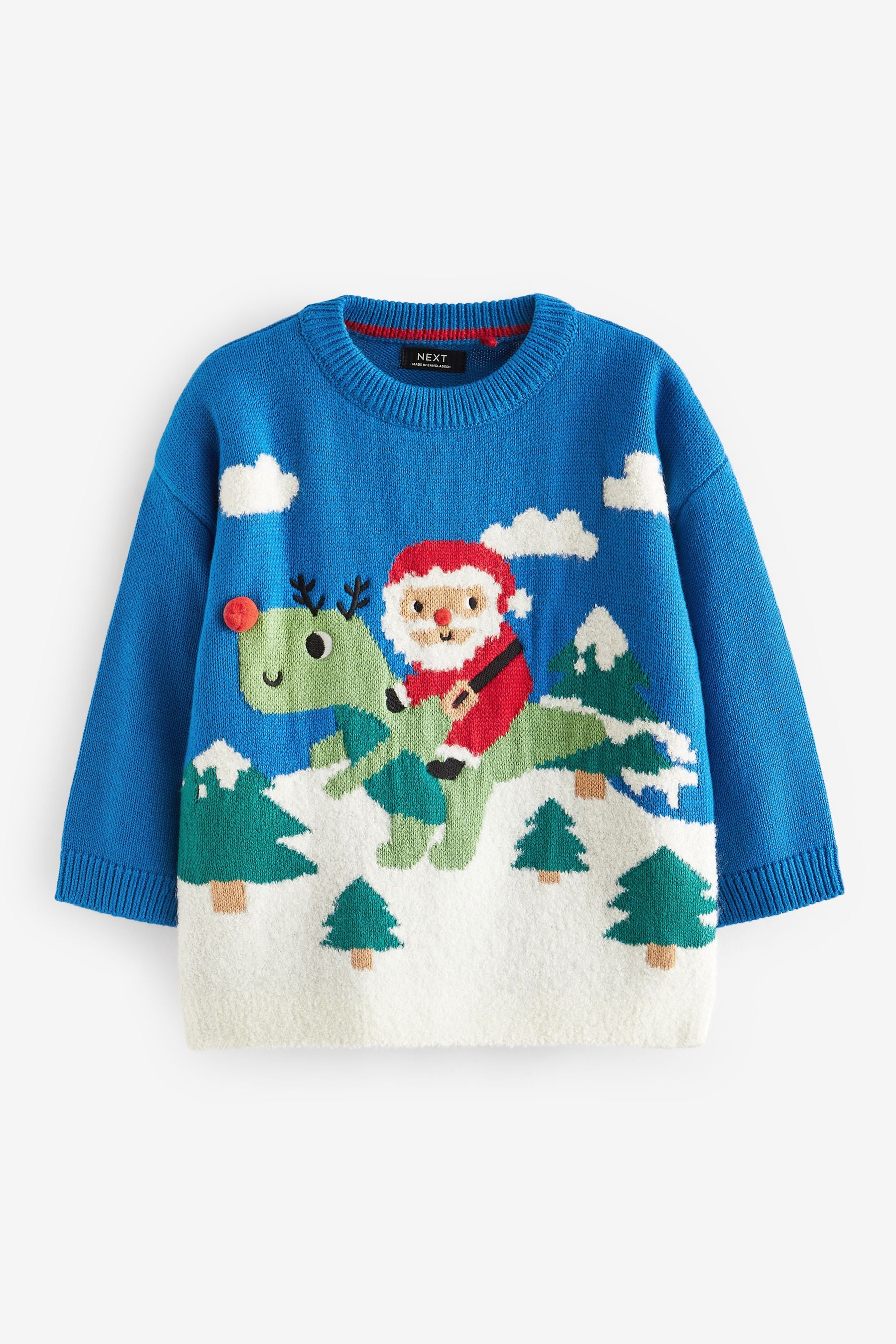 Cobalt Blue Santa Dinosaur Knitted Christmas Jumper (3mths-7yrs)