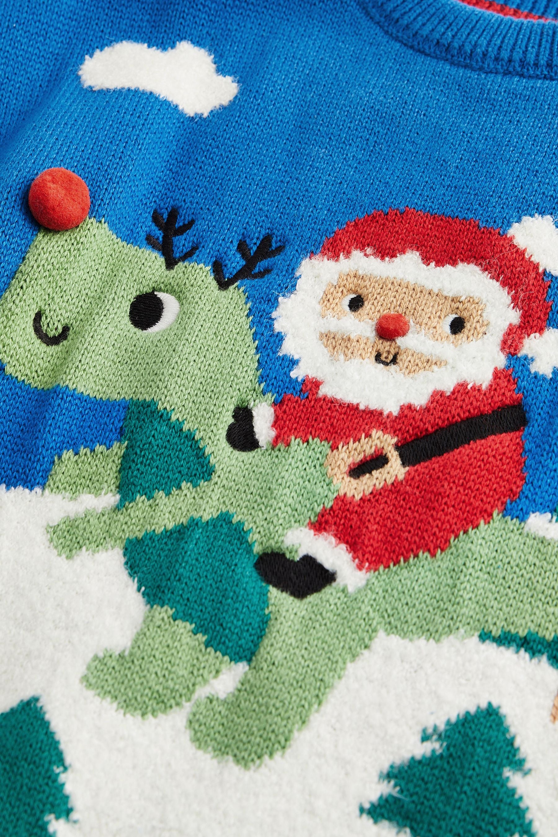 Cobalt Blue Santa Dinosaur Knitted Christmas Jumper (3mths-7yrs)