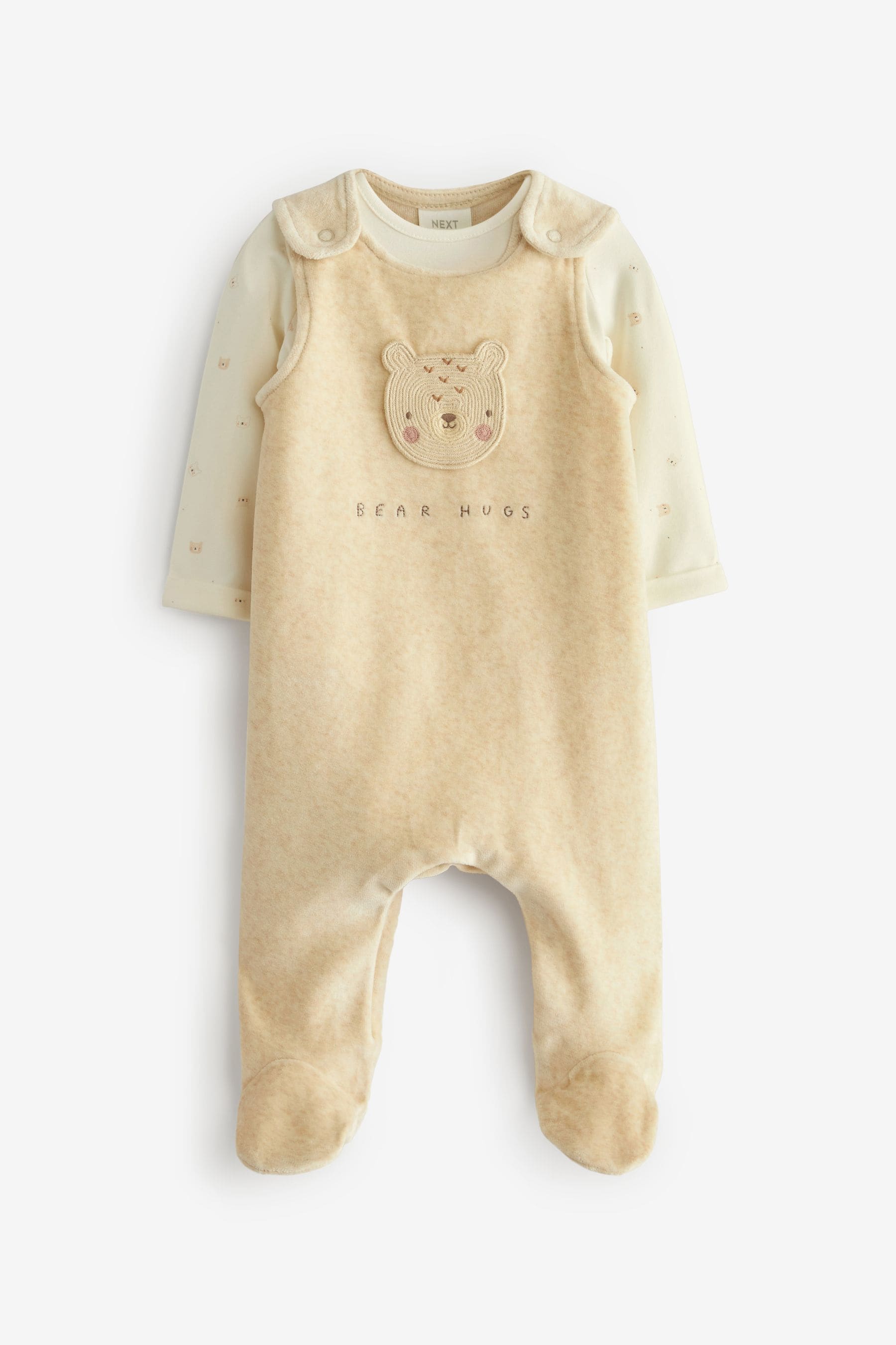 Neutral Bear Velour Baby Dungaree And Bodysuit (0-9mths)