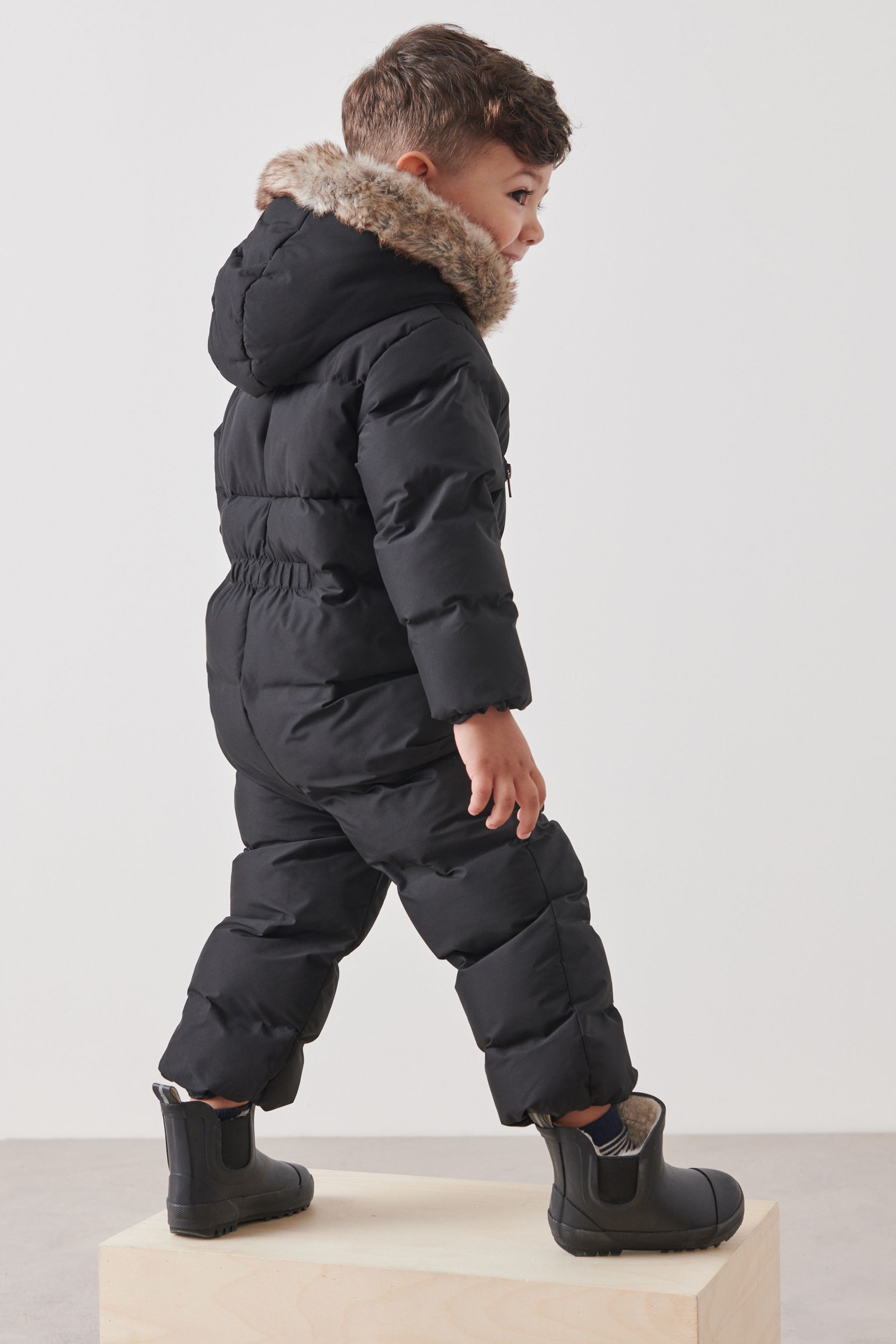 Black Snowsuit With Faux Fur Hood Trim (3mths-7yrs)