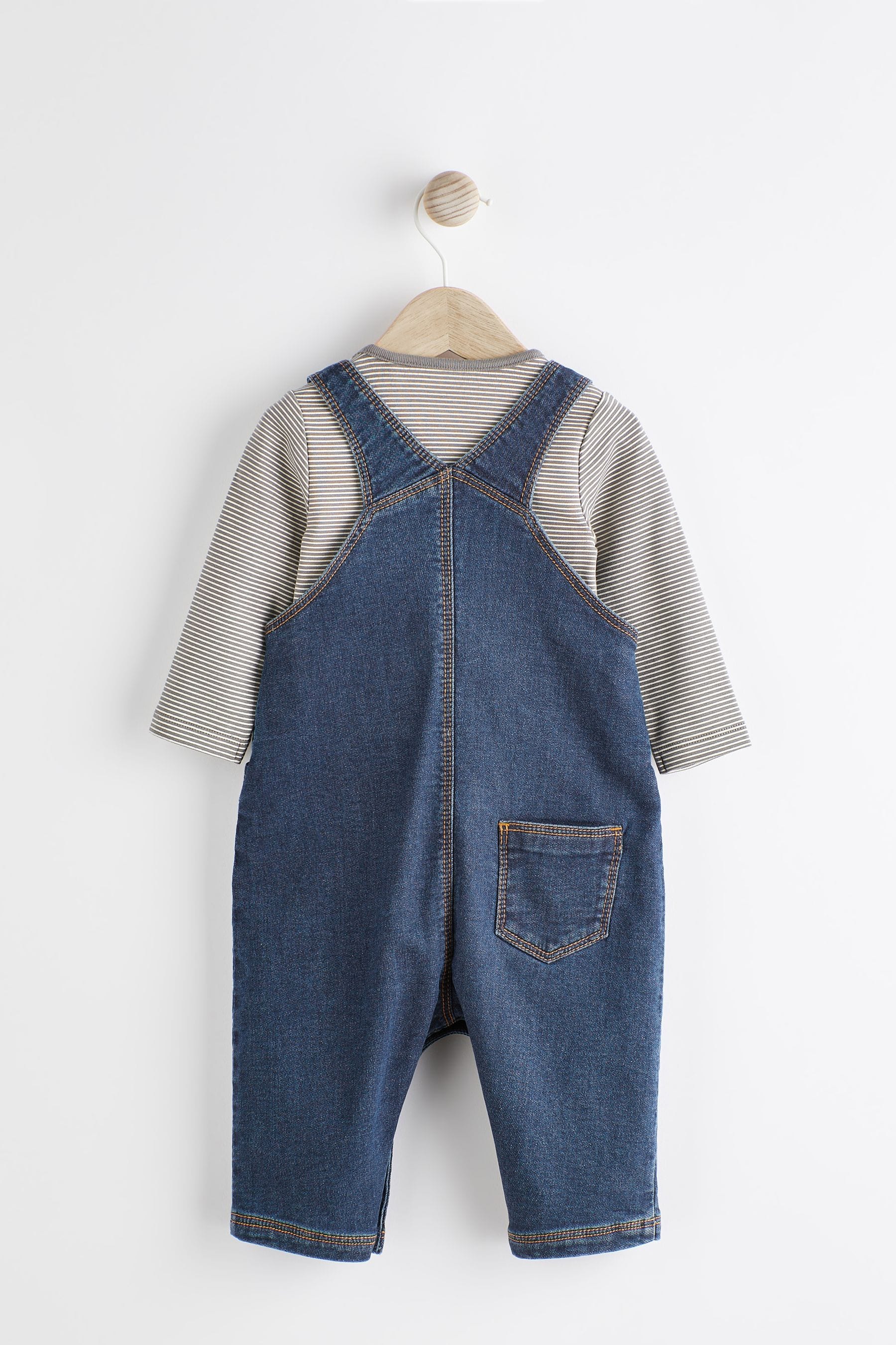 Dark Denim Blue Baby Appliquééé Denim Dungarees And Jersey Bodysuit Set (0mths-2yrs)