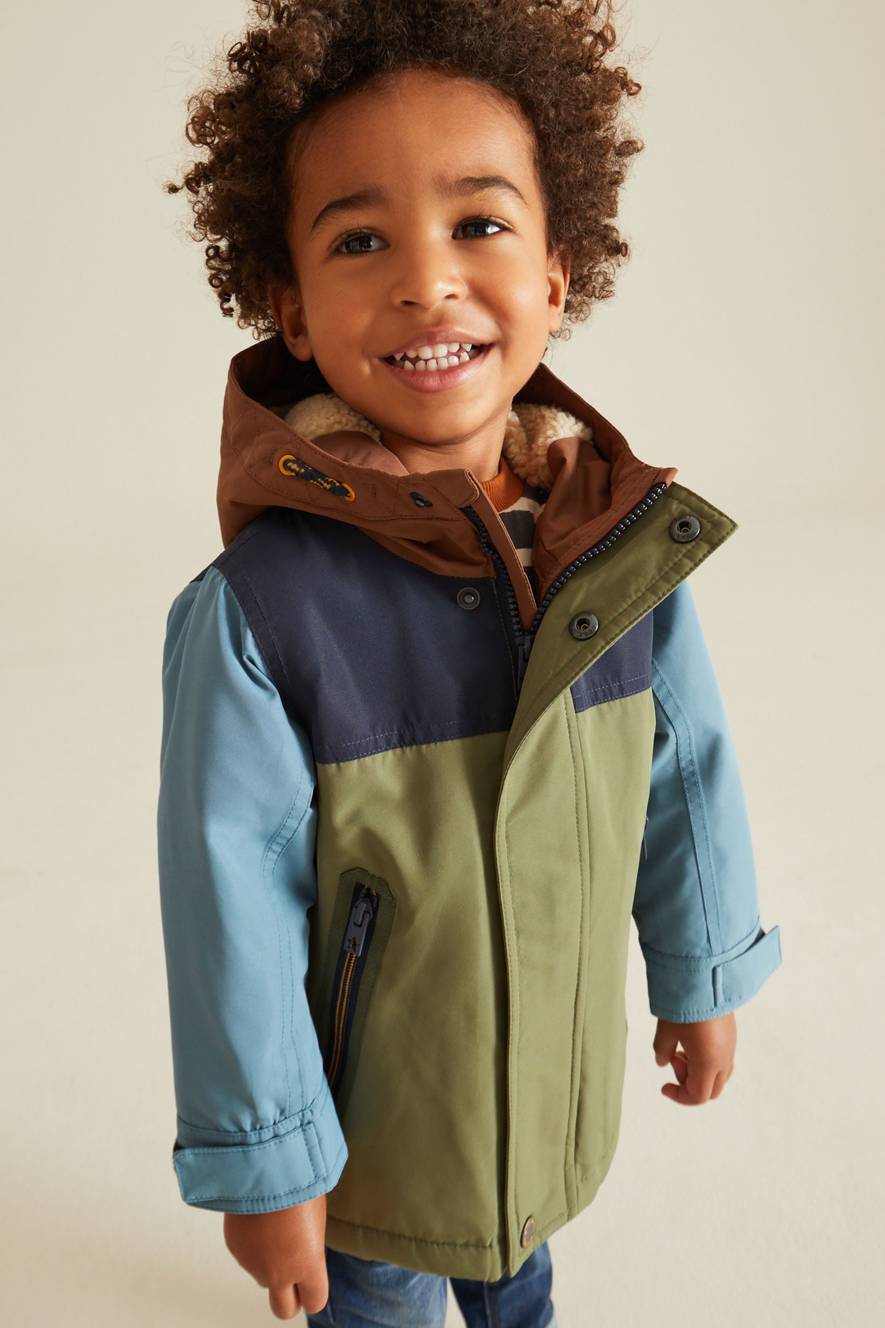 Khaki Green Colourblock Waterproof Teddy Borg Fleece Lined Coat (3mths-7yrs)