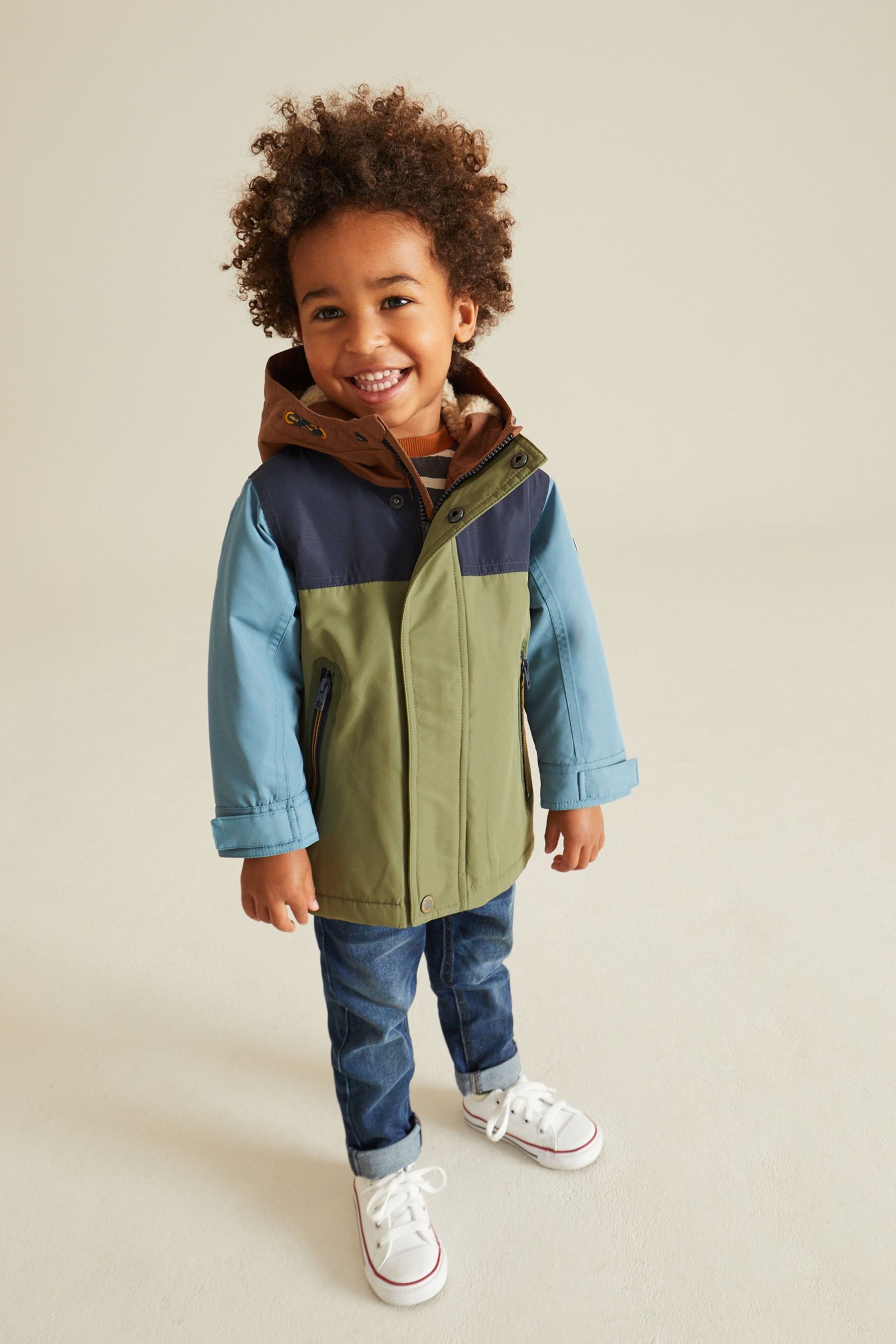 Khaki Green Colourblock Waterproof Teddy Borg Fleece Lined Coat (3mths-7yrs)