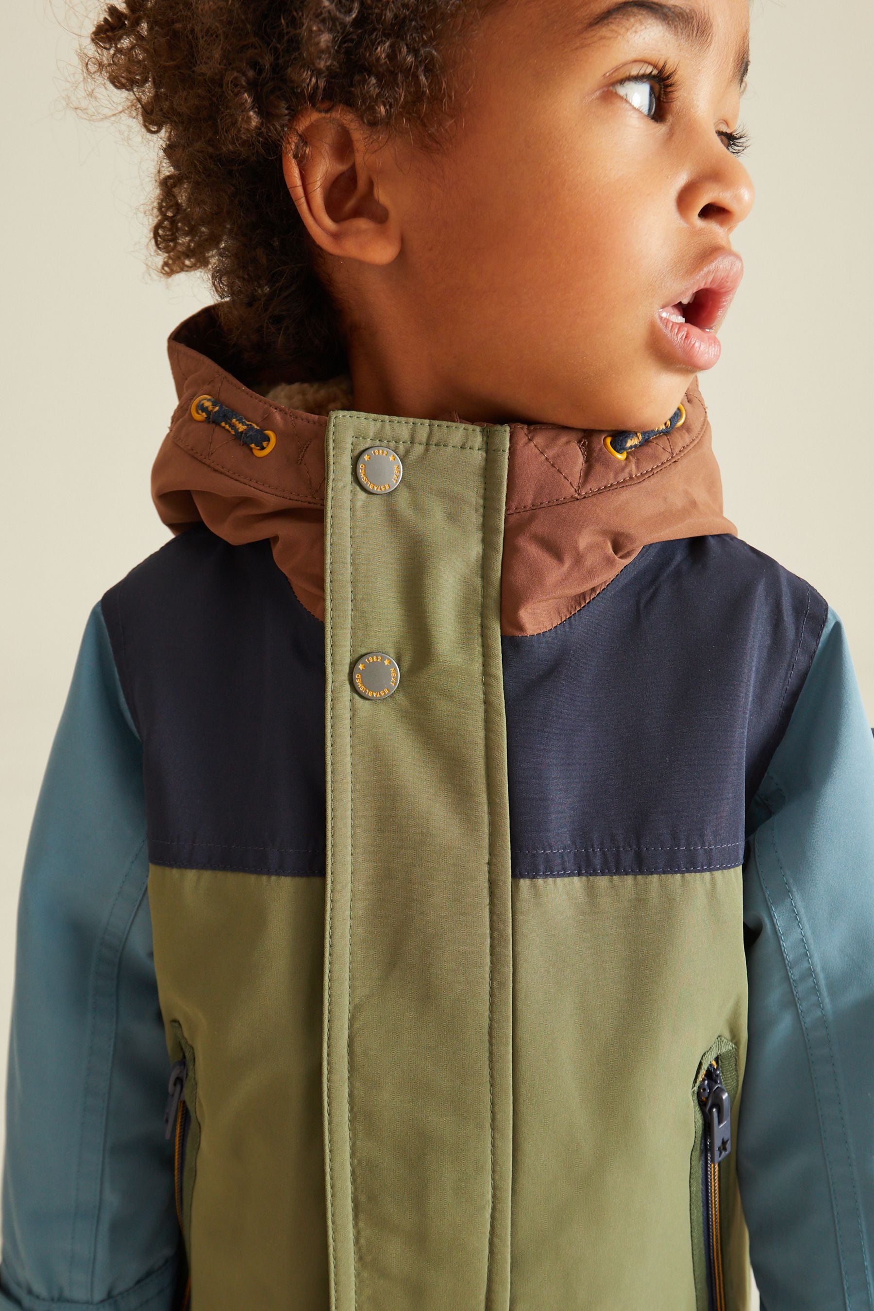 Khaki Green Colourblock Waterproof Teddy Borg Fleece Lined Coat (3mths-7yrs)