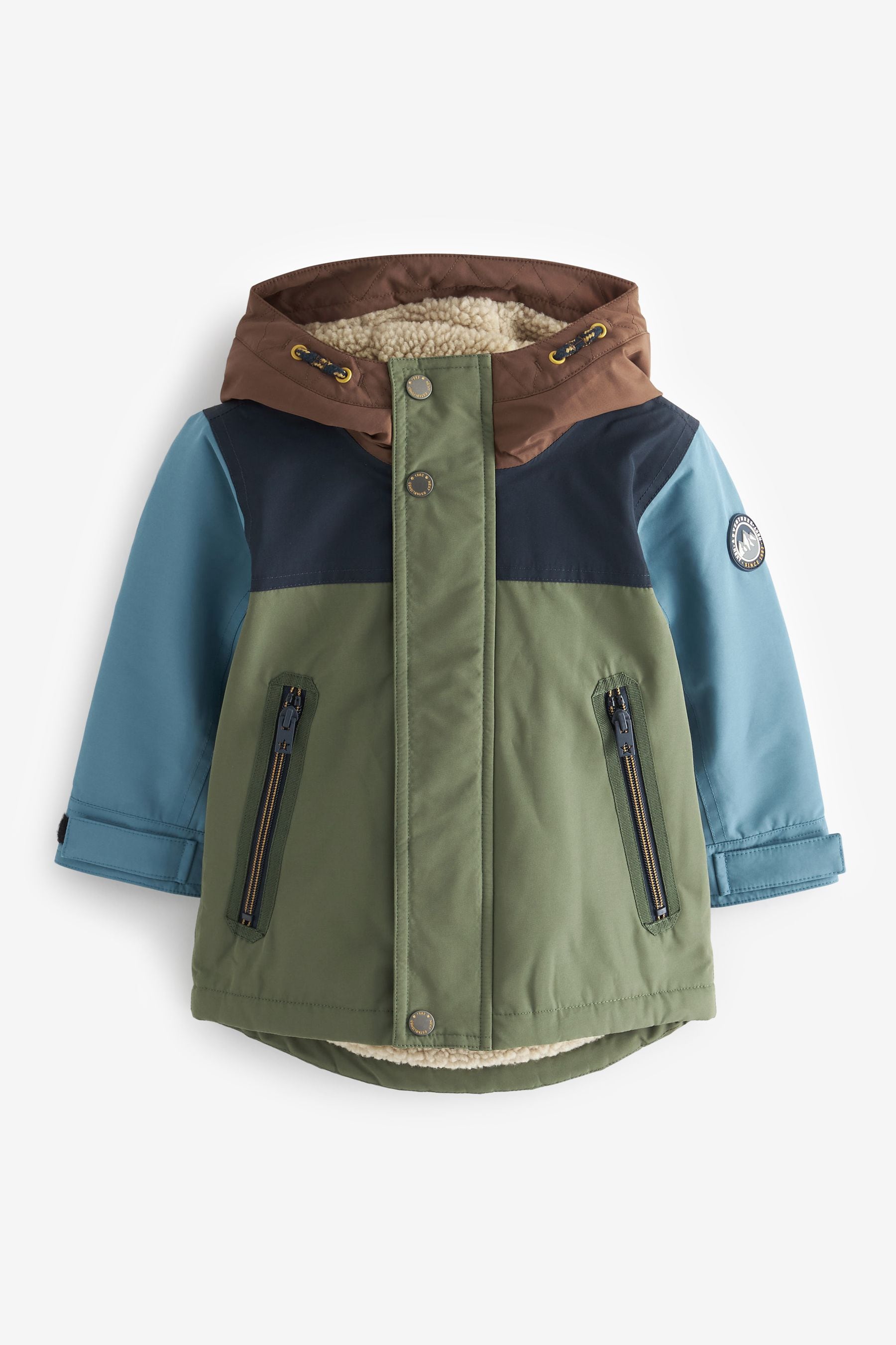 Khaki Green Colourblock Waterproof Teddy Borg Fleece Lined Coat (3mths-7yrs)