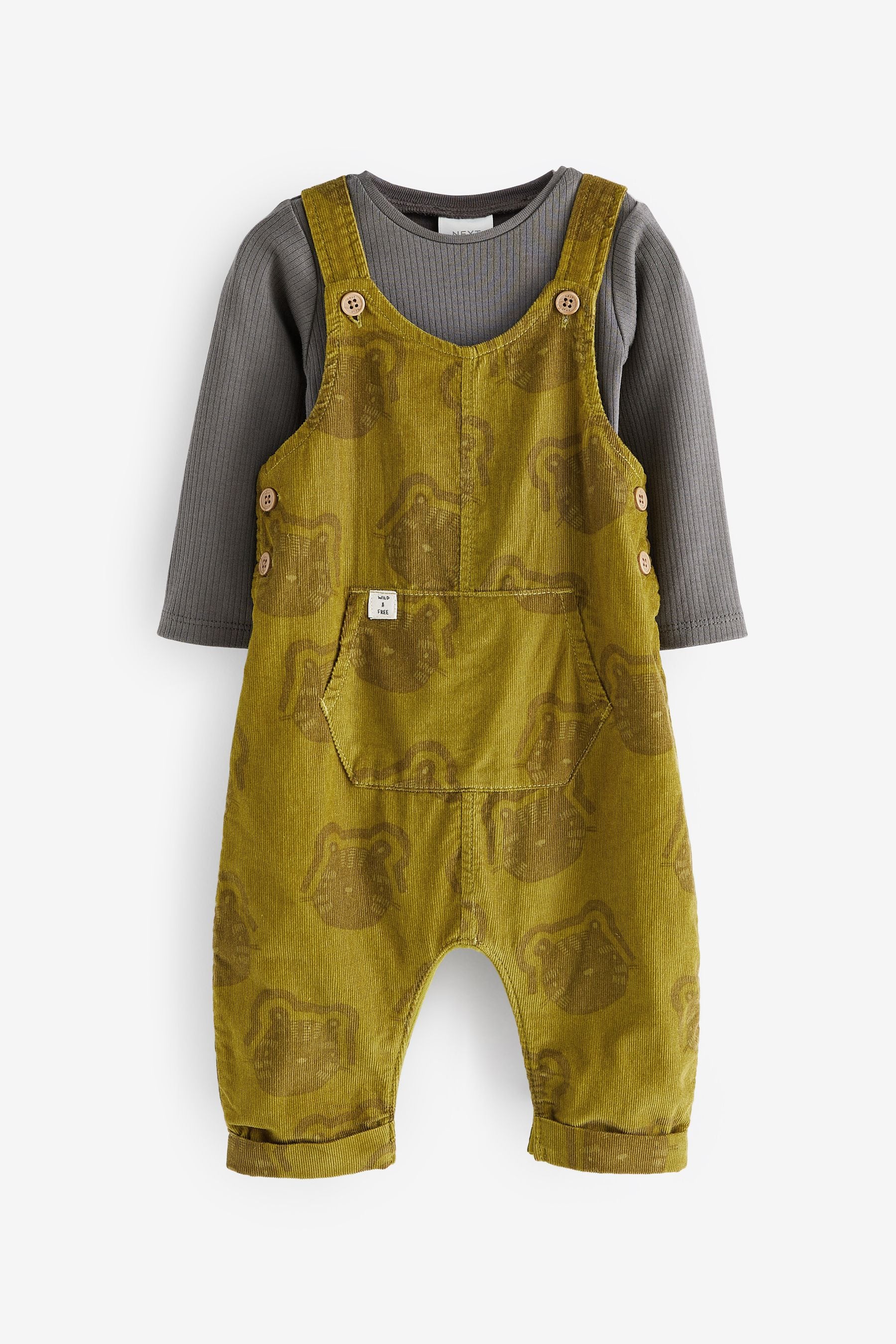 Olive Green Baby Corduroy Lion Print Dungarees Set (0mths-2yrs)