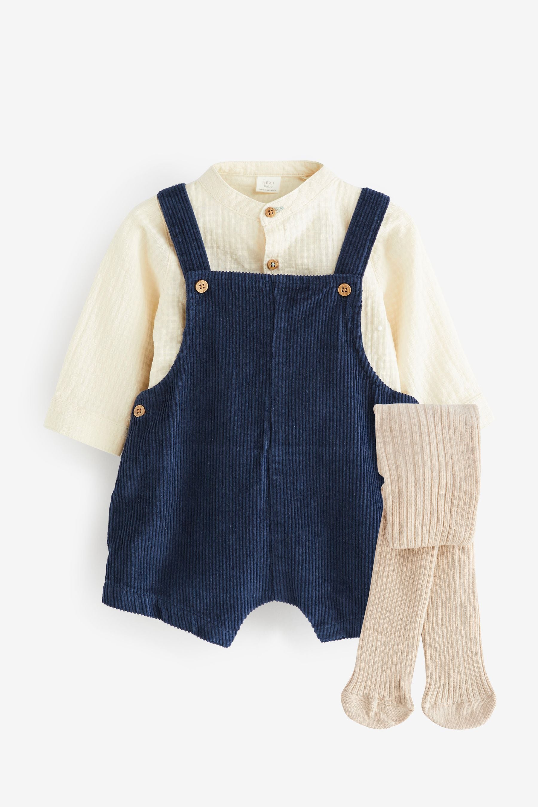 Navy Blue Baby Smart Dungarees And Woven Collar Bodysuit 3 Piece Set (0mths-2yrs)