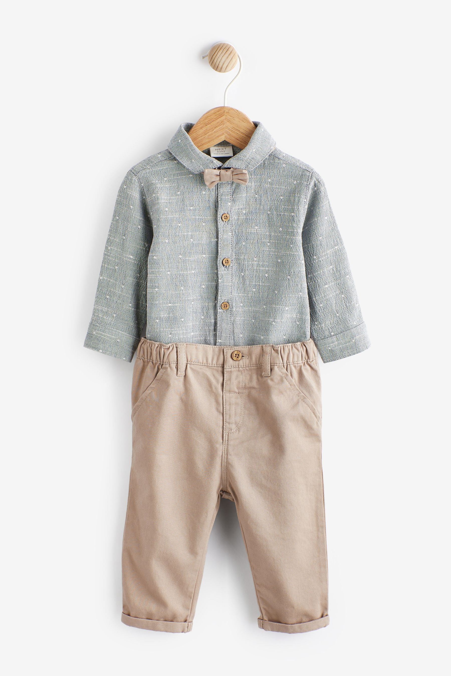 Blue/Brown Long Sleeve Baby Shirt, Trouser And Bow Tie Set (0mths-2yrs)