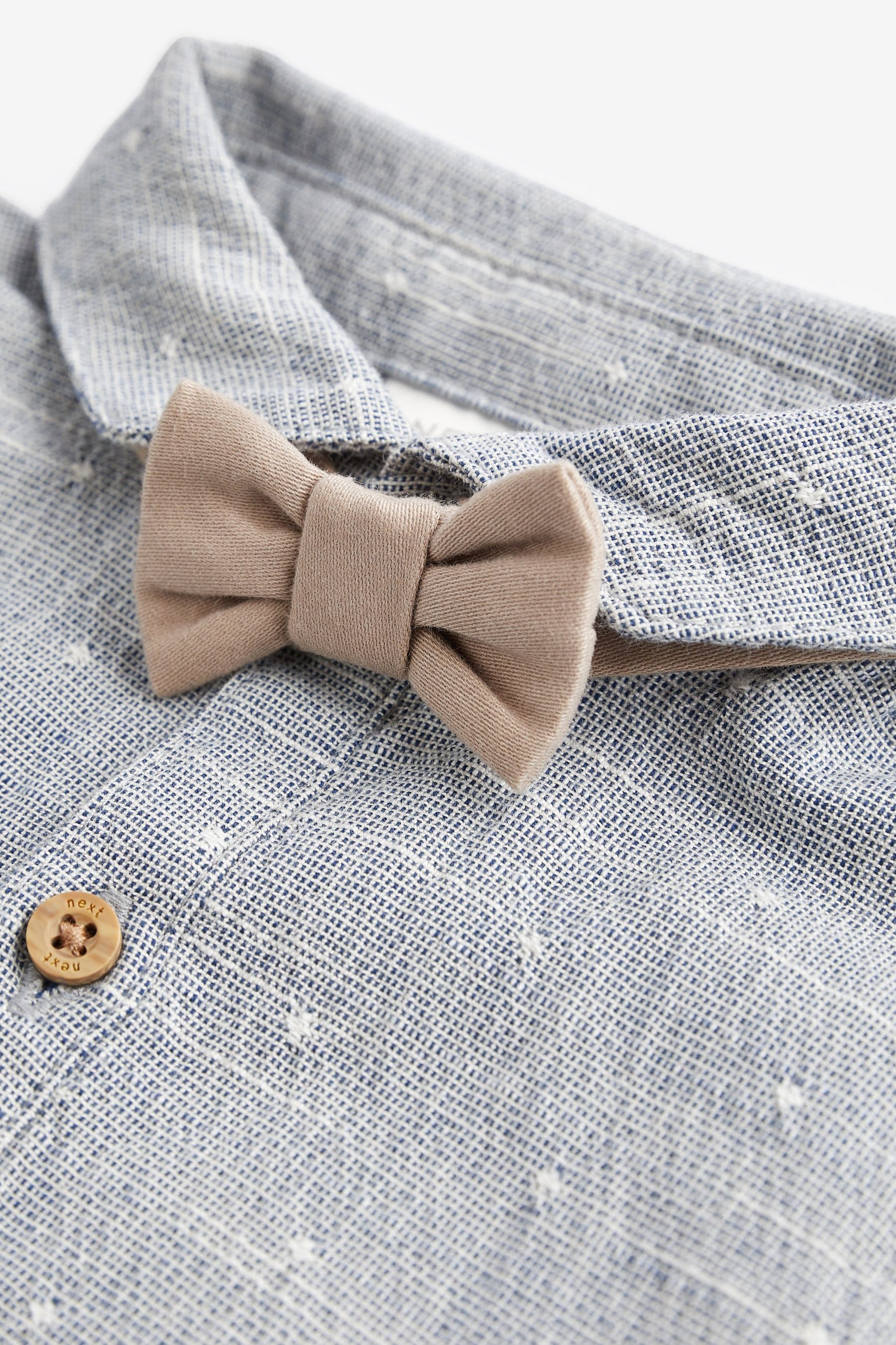 Blue/Brown Long Sleeve Baby Shirt, Trouser And Bow Tie Set (0mths-2yrs)