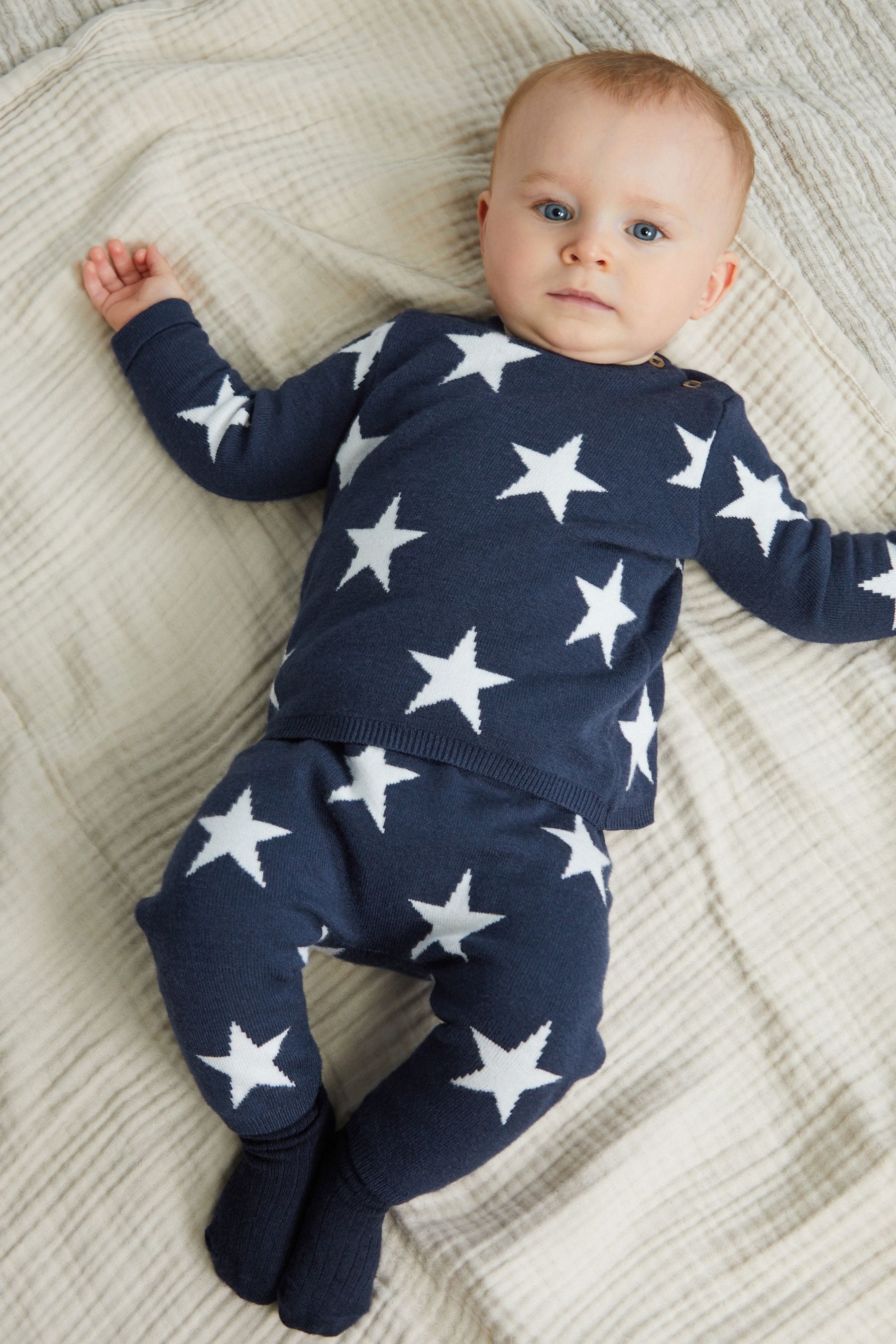 Navy Blue Star Knitted Baby 2 Piece Set (0mths-2yrs)