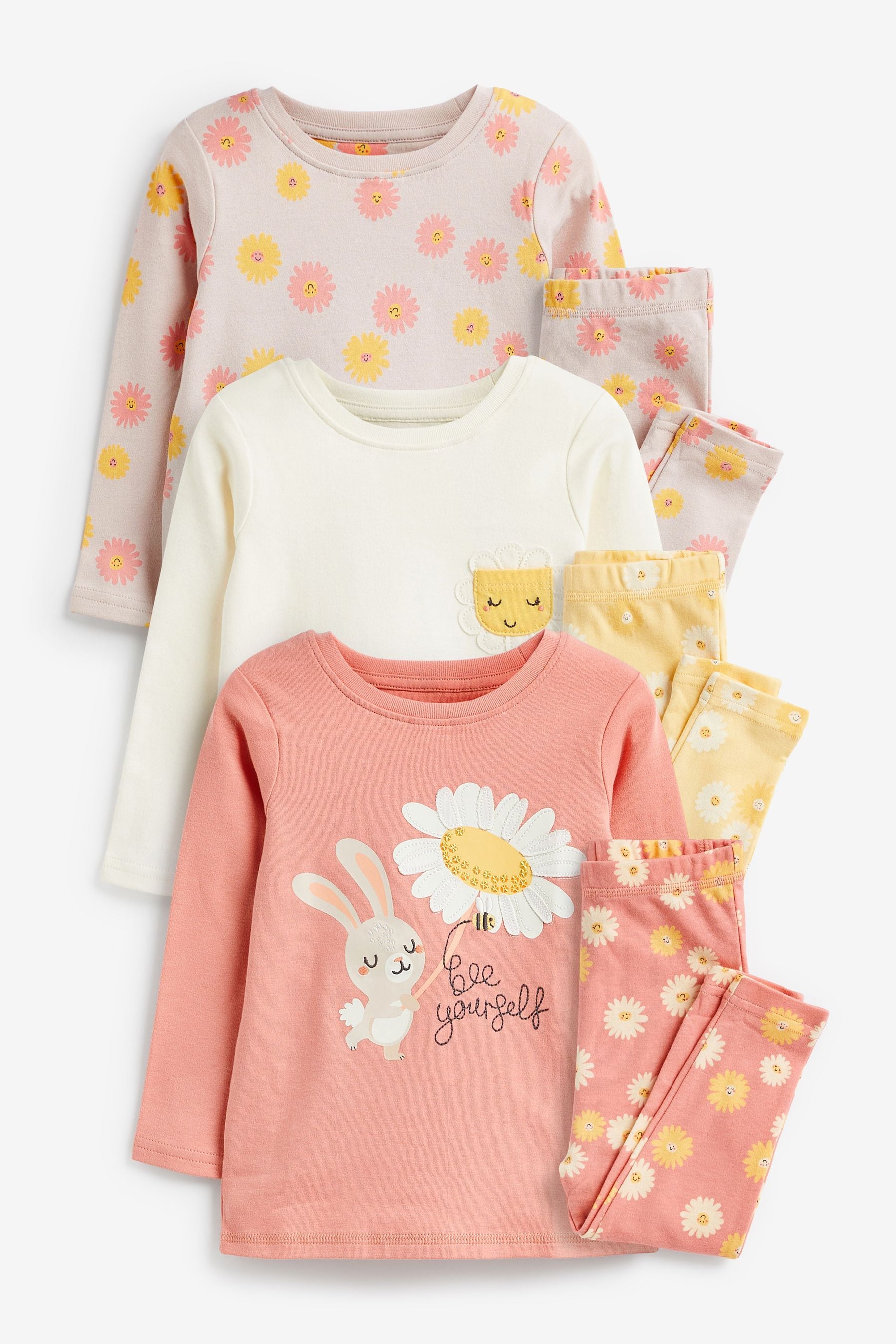 Pink/Yellow Bunny Floral Pyjamas 3 Pack (9mths-8yrs)