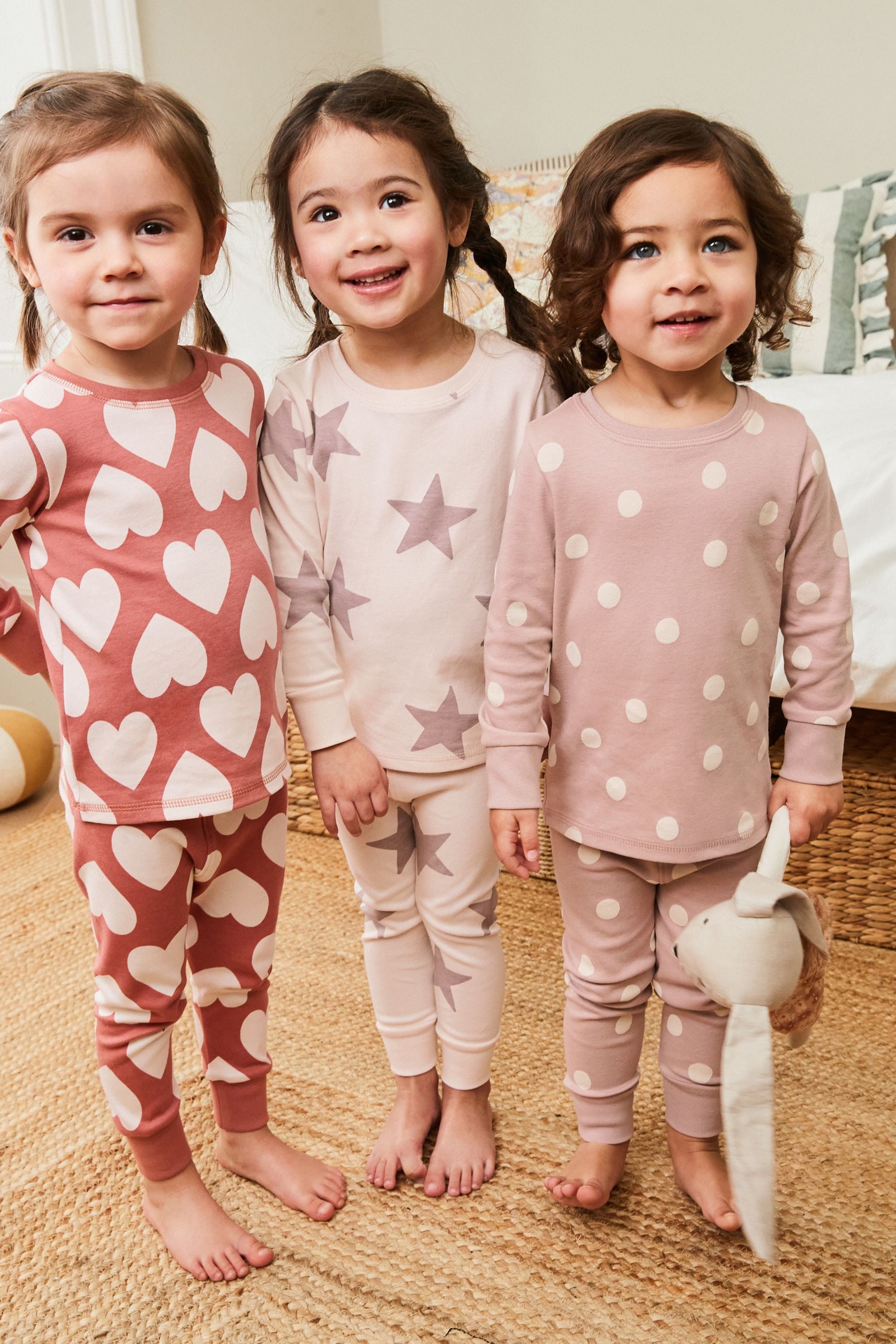 Brown/Cream Heart, Spot And Star Pyjamas 3 Pack (9mths-12yrs)